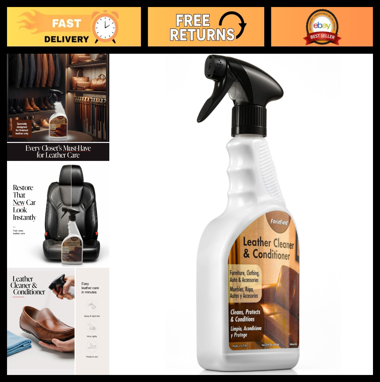 2-in-1 Leather Cleaner & Conditioner 22oz – Restores Oils, Removes Stains, Safe