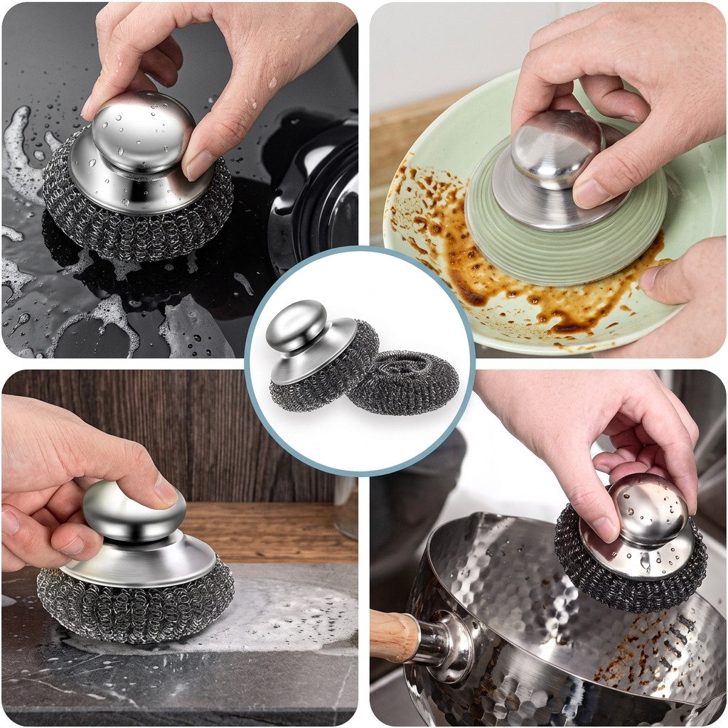 6 in 1 Stainless Steel Scrubber Brush Kitchen Cleaning Brush with Metal Handle