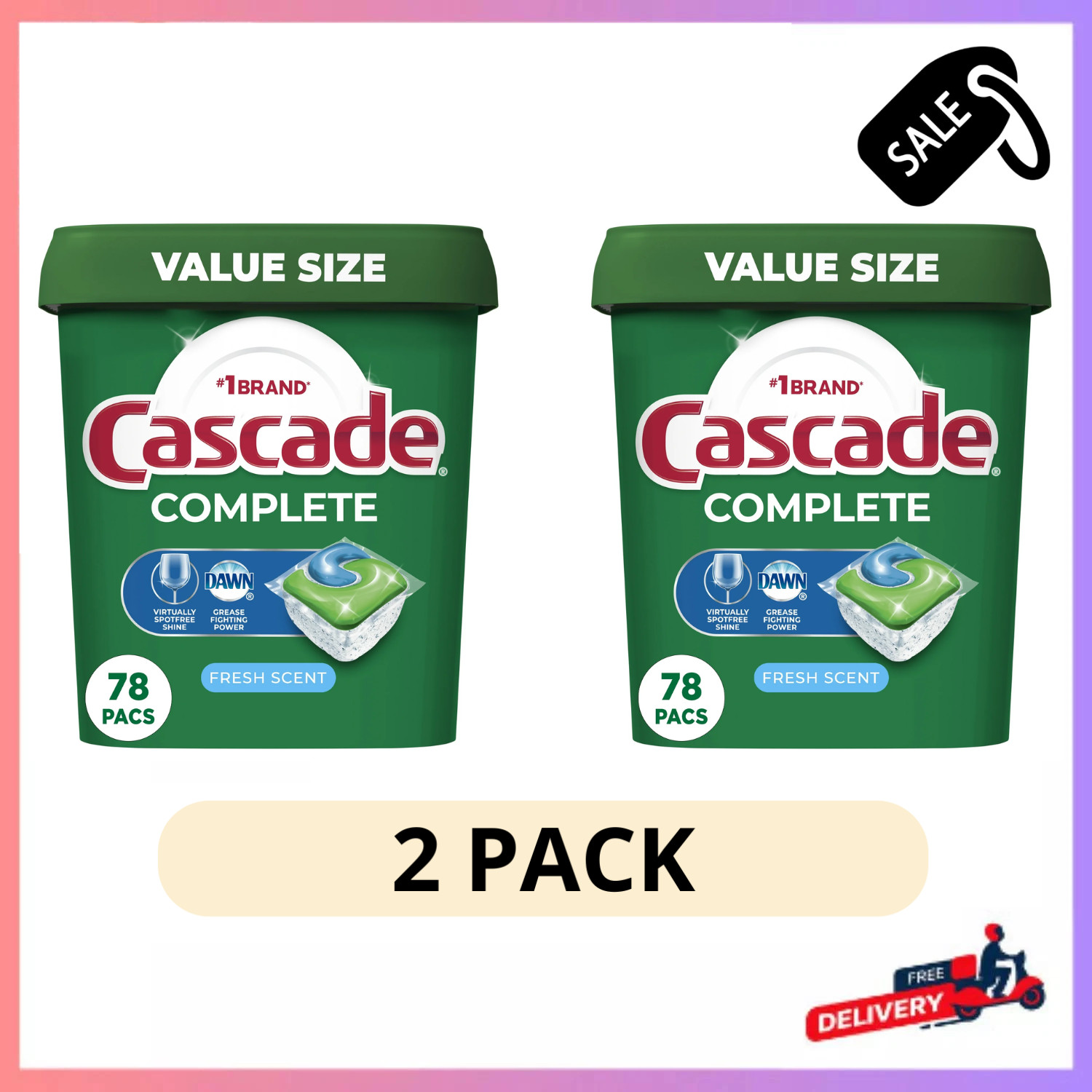 2 Pack Cascade Complete ActionPacs 78 Ct Fresh Scent Pods Tough Grease