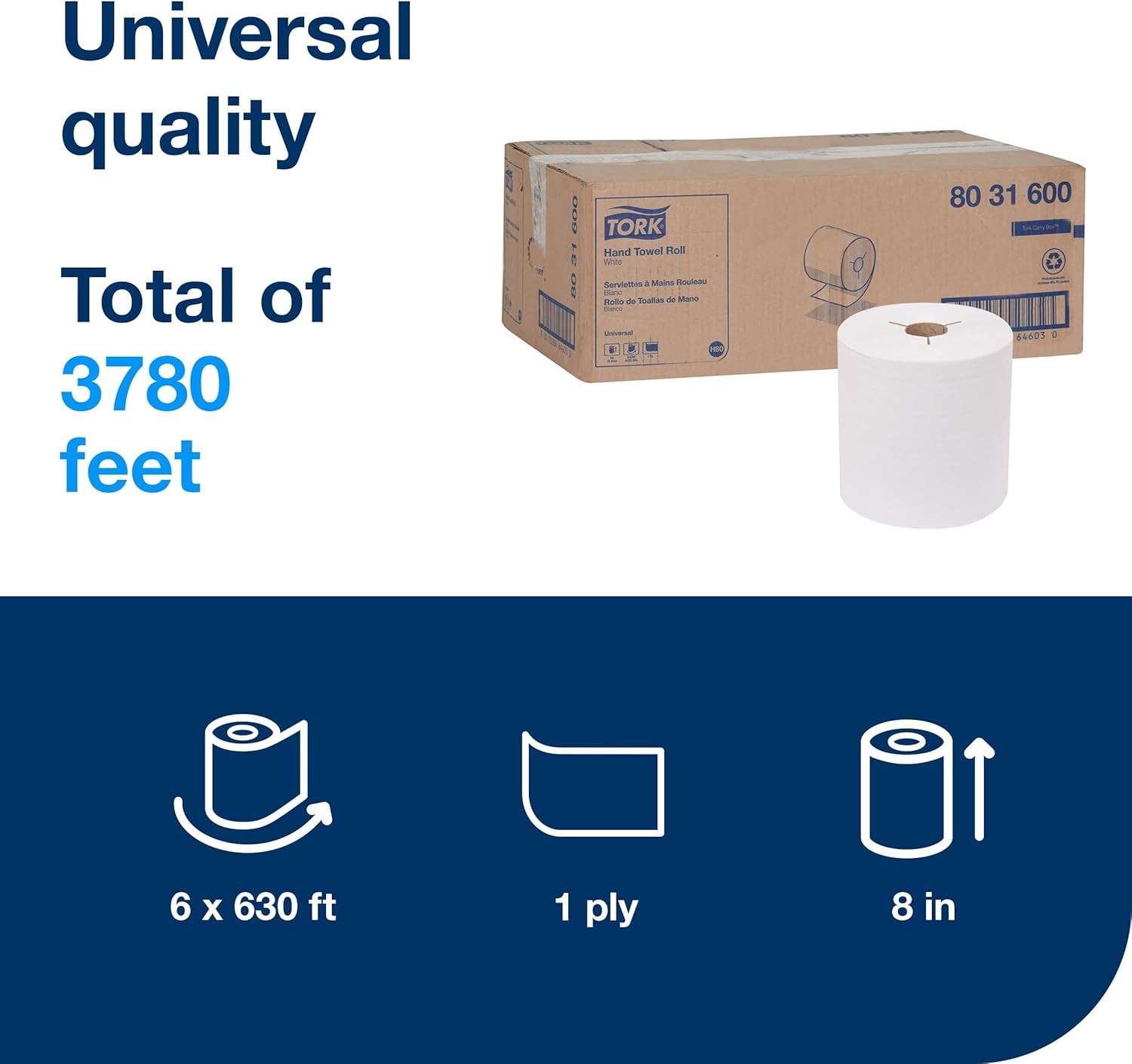 Tork Hand Towel Roll White H80, Universal, 100% Recycled Fiber, 6 Rolls x 630