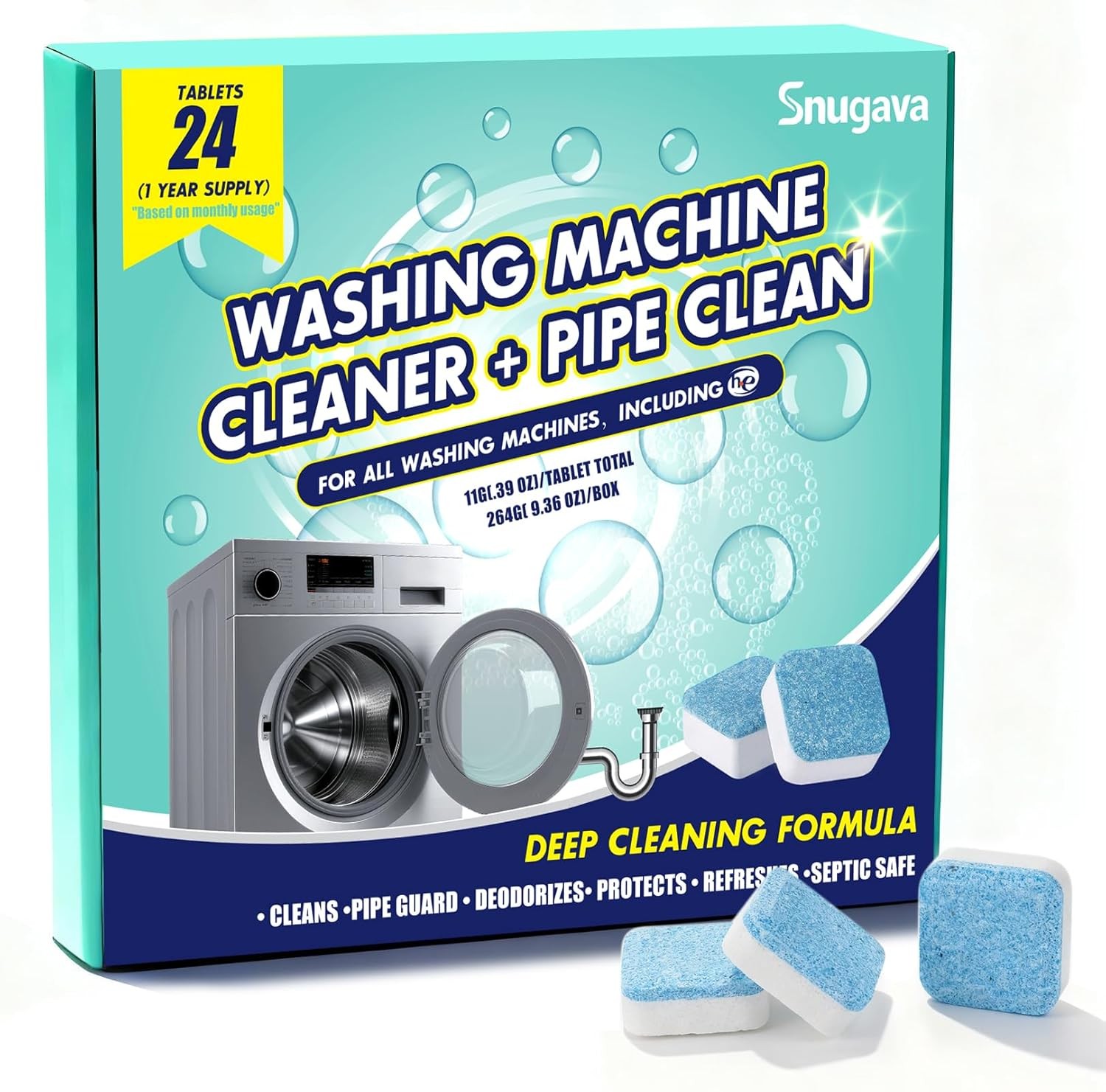 Washing Machine Cleaner Tablets Descaler Deodorizer 24 Pack Front Top Load