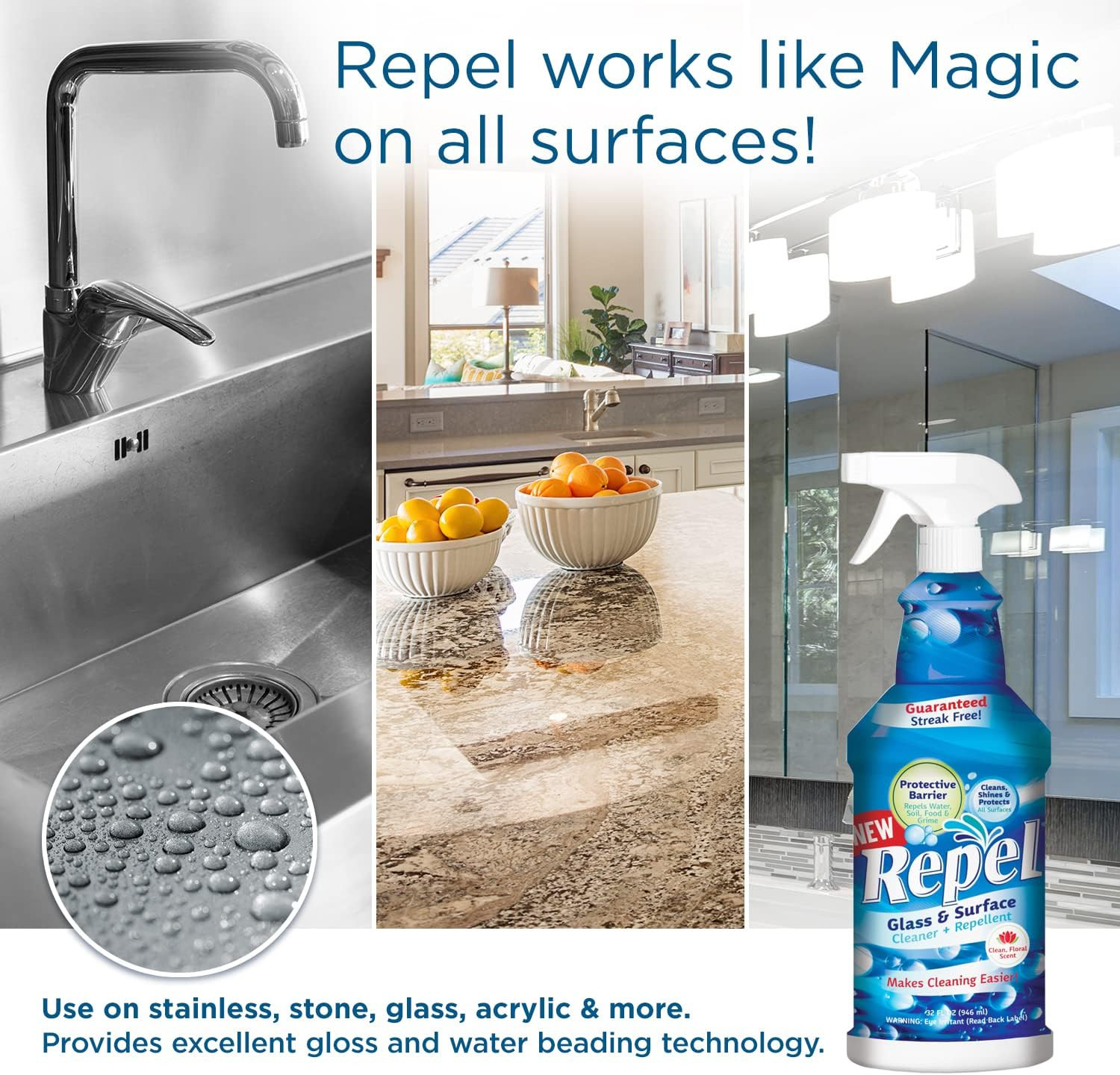 REPEL Glass & Surface Cleaner 32 Fl. Oz. – Cleans & Repels Water Spots and Dirt