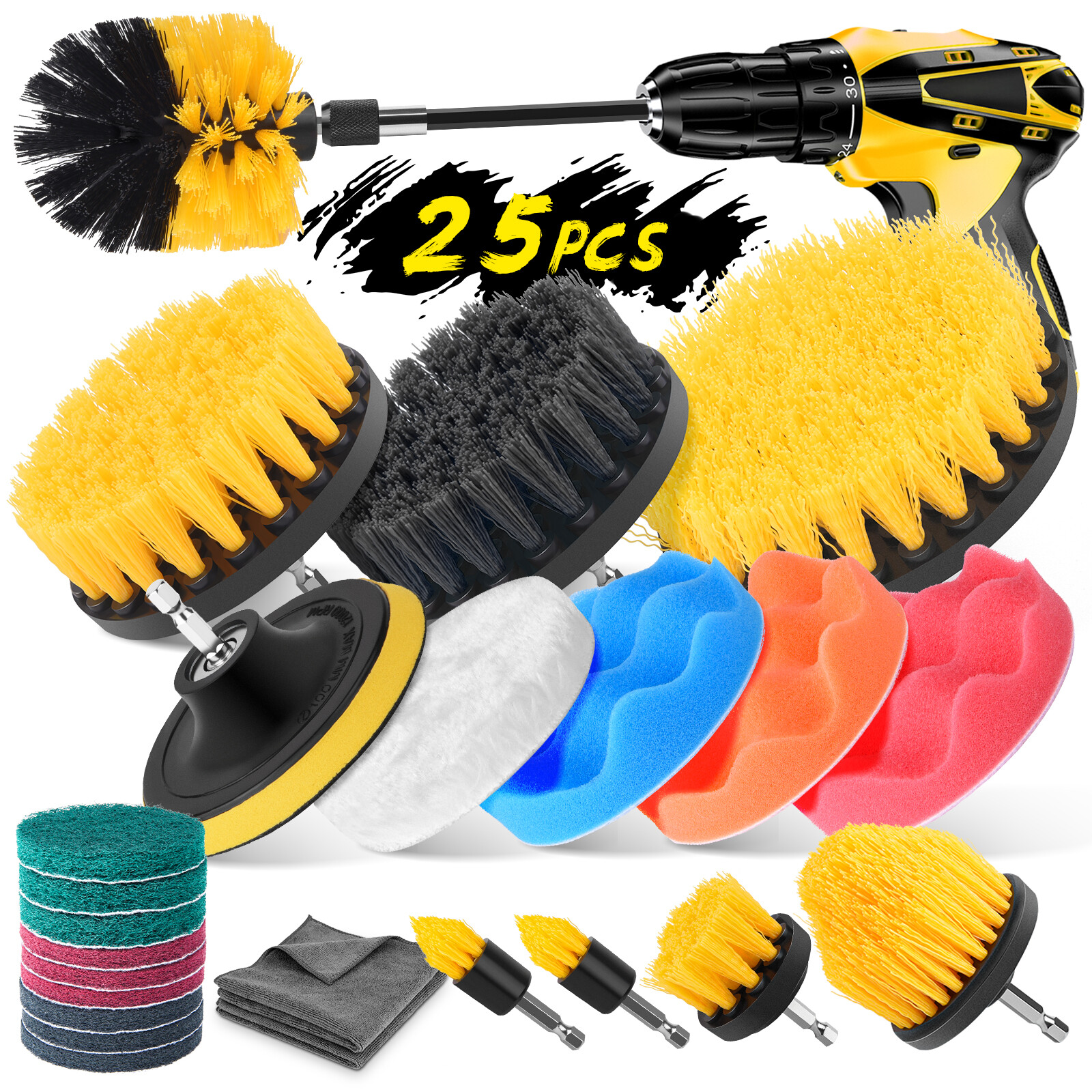 MICTUNING 25Pcs Drill Brush Attachments Set, Power Scrubber Brush, Scouring Pad
