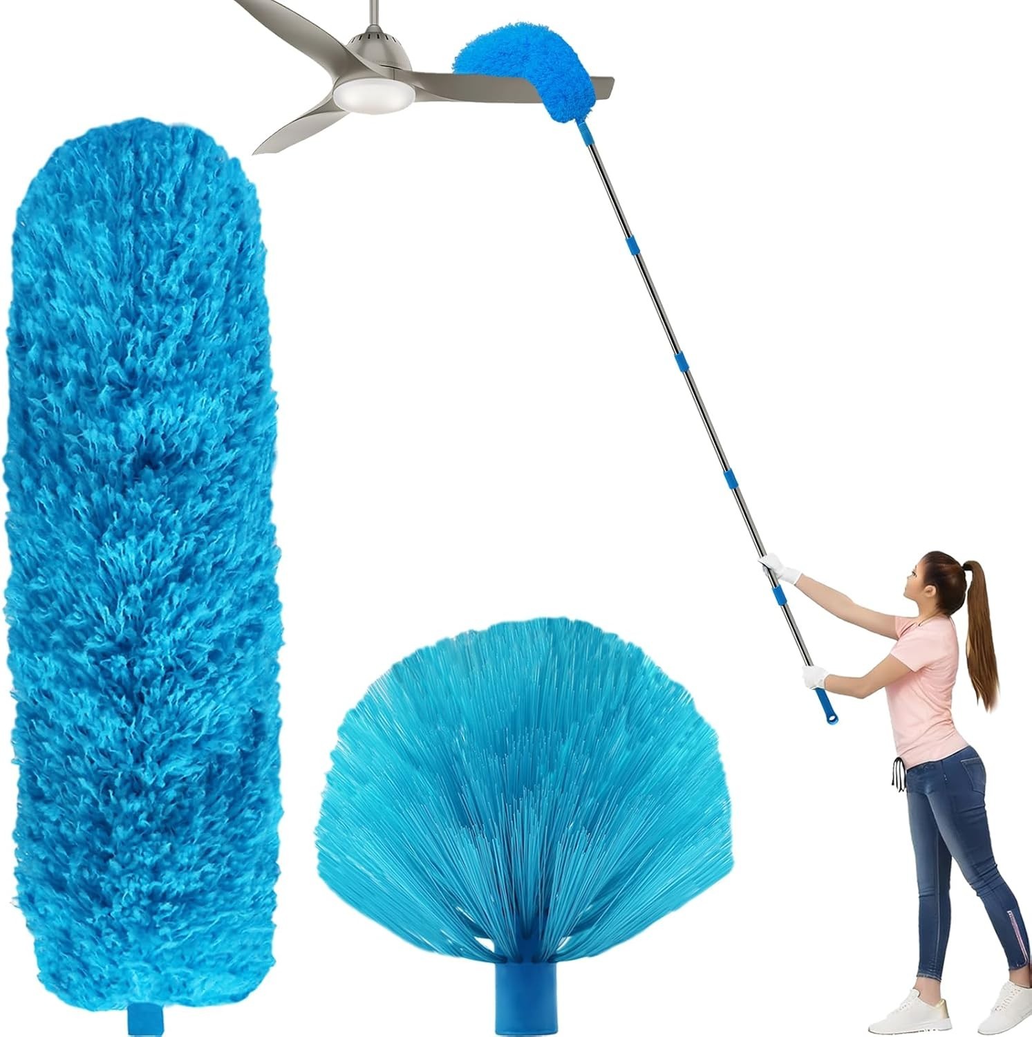 20+ Ft High Reach Ceiling Fan Duster & Cobweb & Corner Brush Duster with 3-13 ft