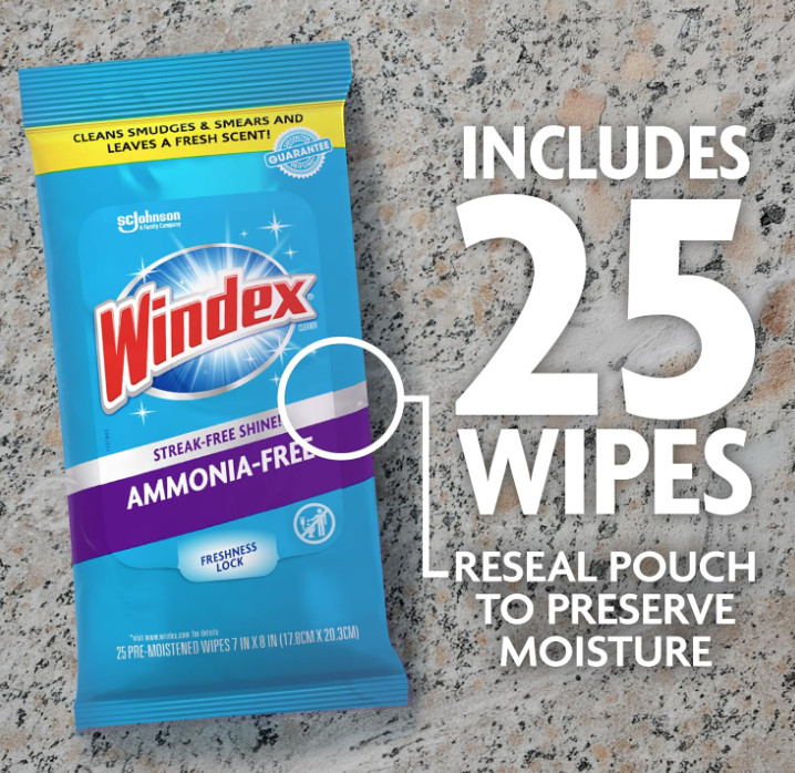 25 Count Windex Wipes Glass Cleaning Ammonia Free, Pre-Moistened Wipes for Clean