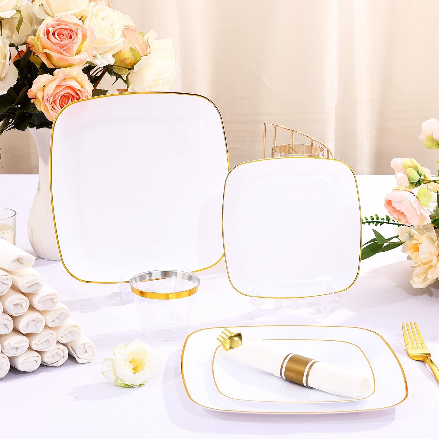 Sylans 350PCS Square Disposable Dinnerware Set for 50 Guests, Gold Plastic Pla