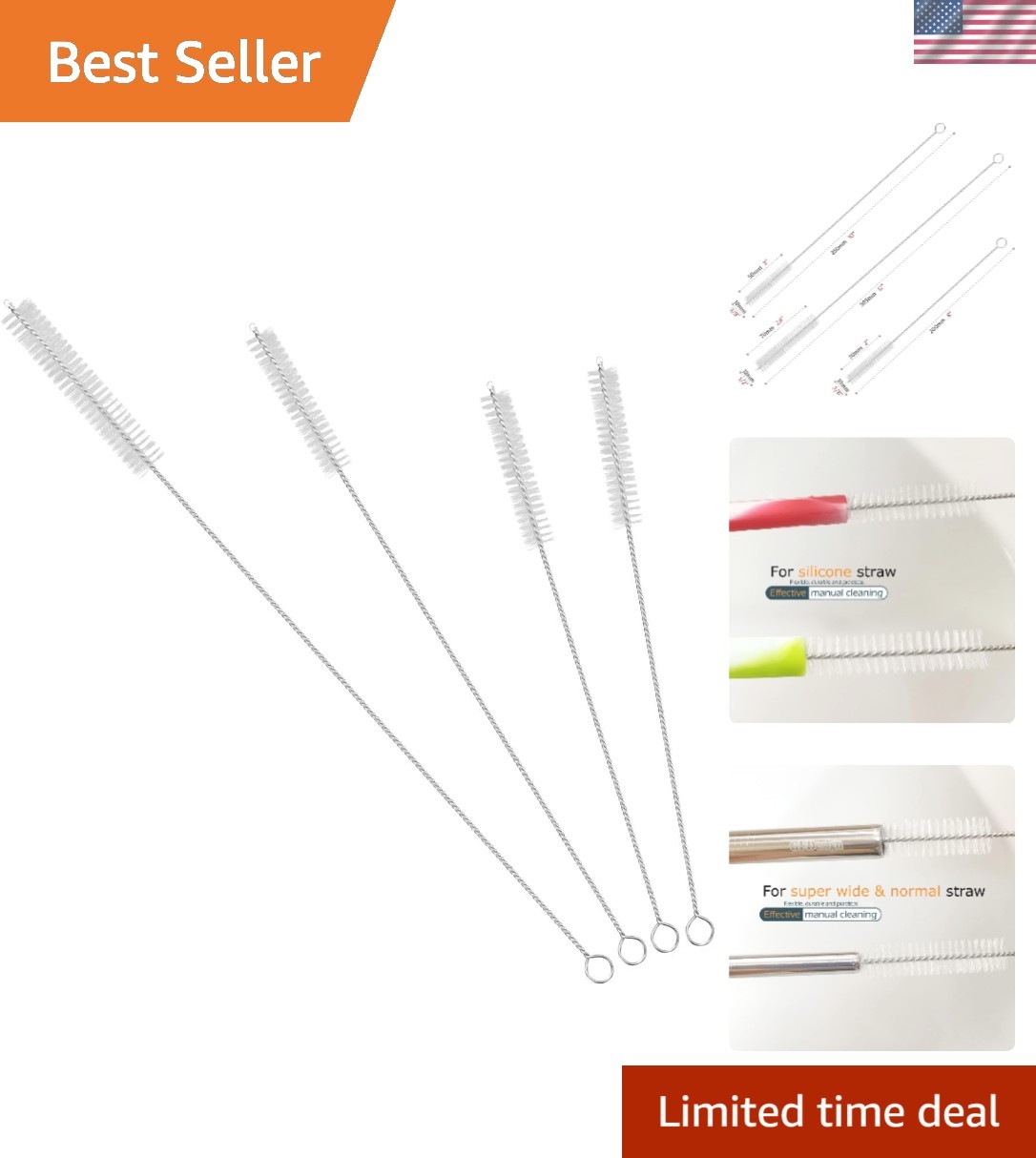 Dishwasher Safe Straw Brushes Set – 4 Durable Nylon & Steel Cleaners in 3 Sizes