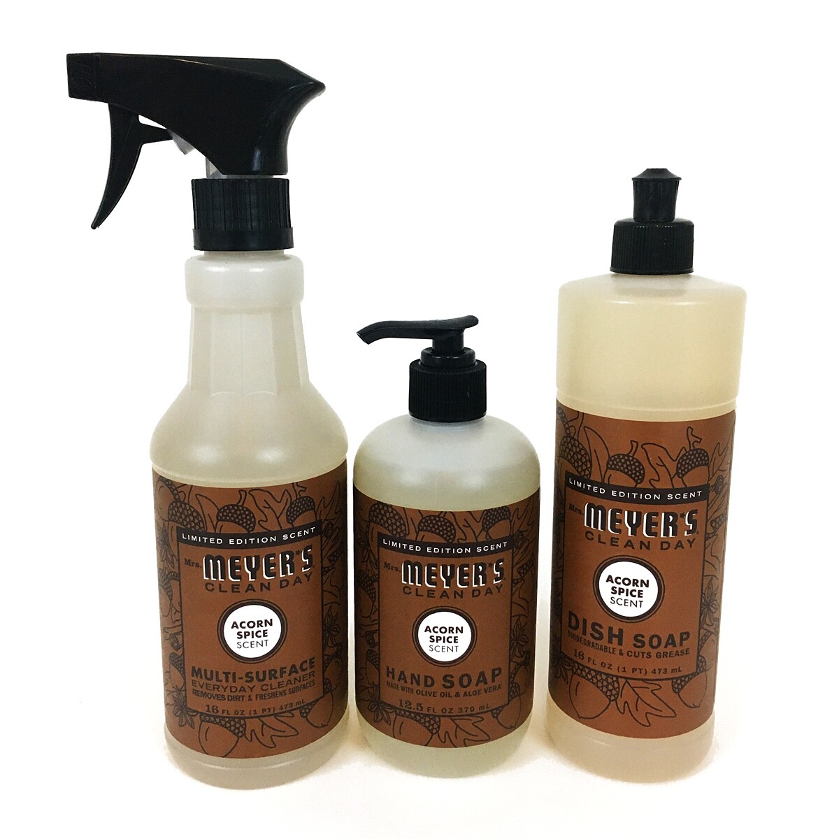 Mrs Meyers ACORN SPICE Hand Soap, Dish Soap, Multi Surface Cleaner Fall Bundle