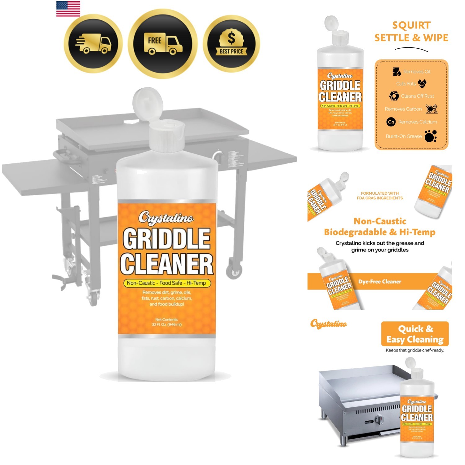 Flat Top Grill Cleaner 32 Fl Oz, Removes Grease, Rust, Fats, Carbon, and Calc…