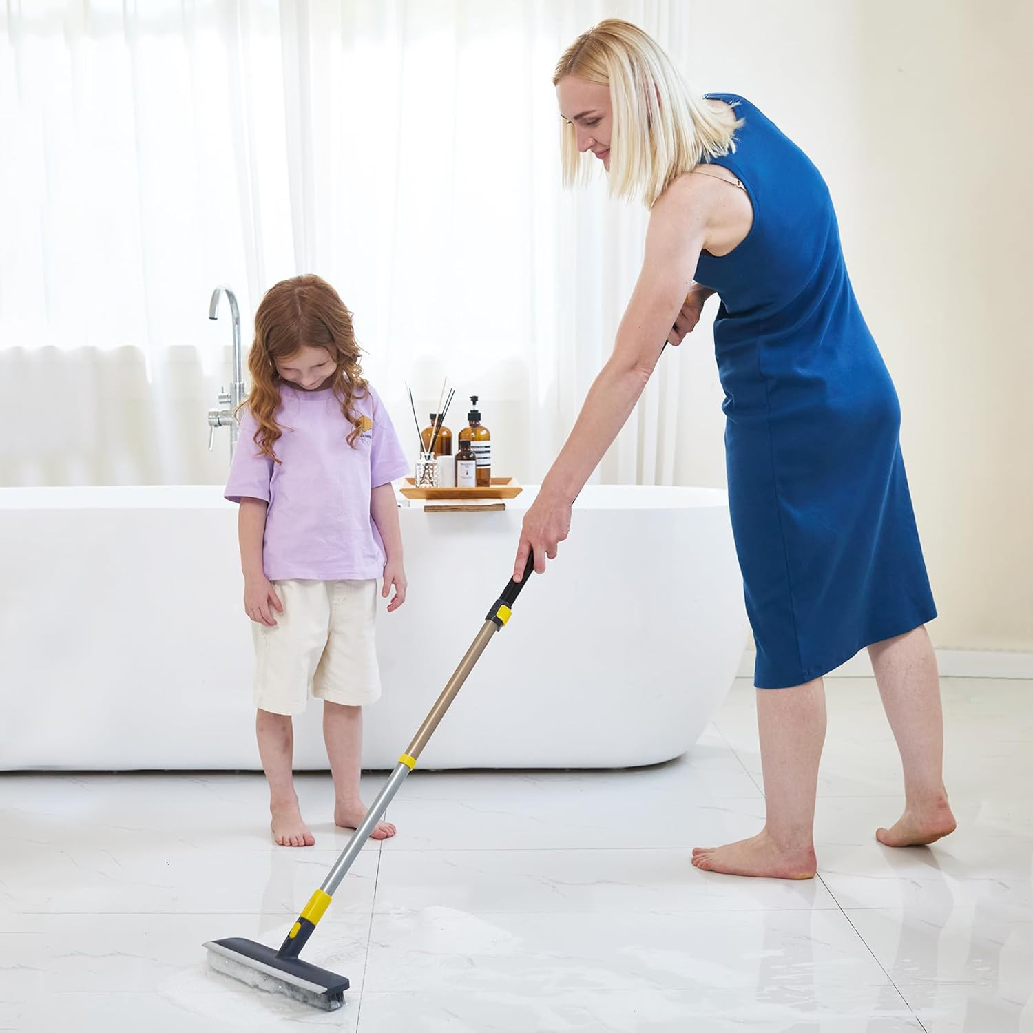 Floor Scrub Brush Telescopic Handle 2 in 1 Scrape Brush Stiff Bristle Shower Scr