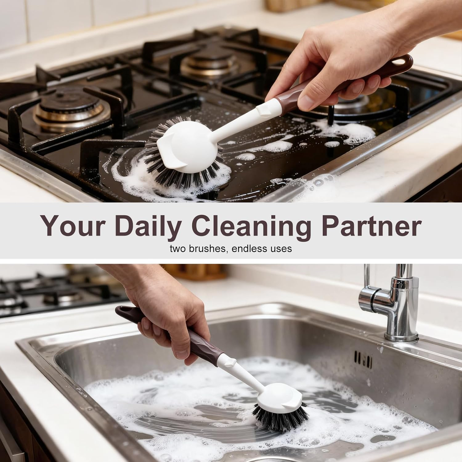 Dish Brush, 2 Pack with Comfortable Handle, with Built-In Scraper, Scrub Brush w