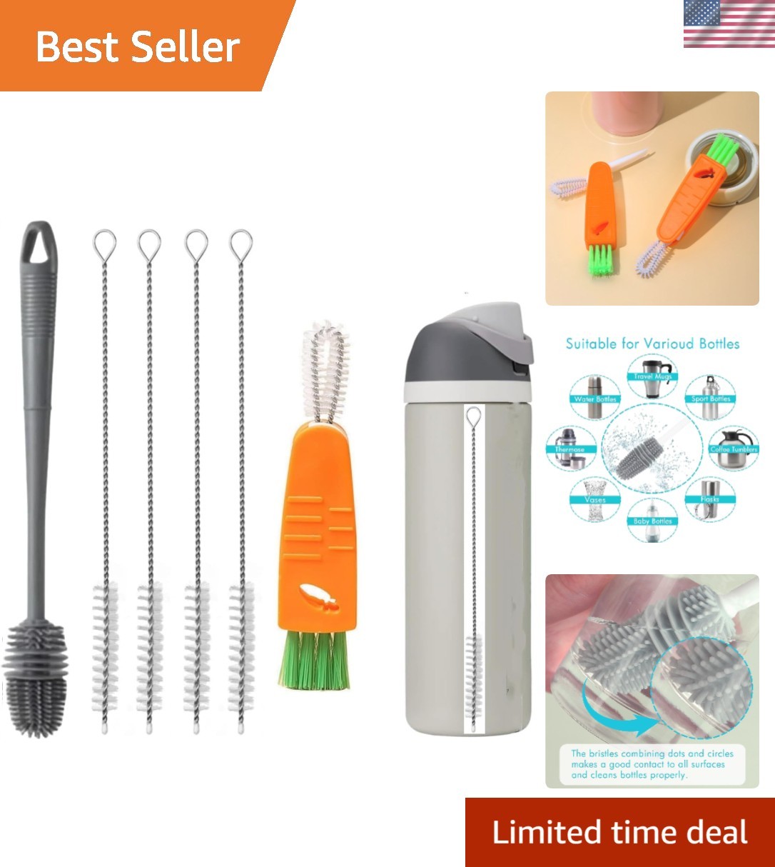 Reusable Owala Water Bottle Cleaning Set – 12.2 Inch Straw & 3 Specialty Brushes