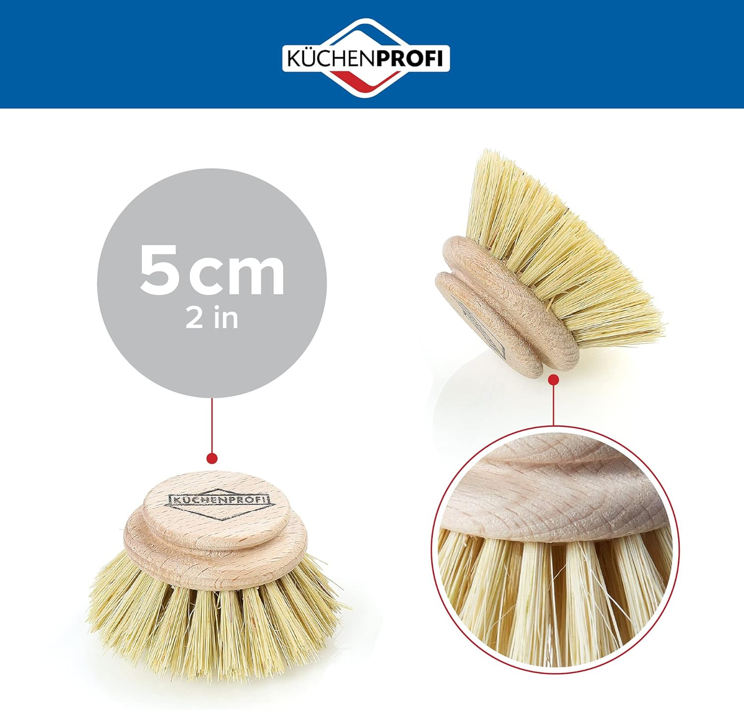 Kuchenprofi 2 Pack Replacement Dish Brush Refill Natural Bristle Beech Wood Head