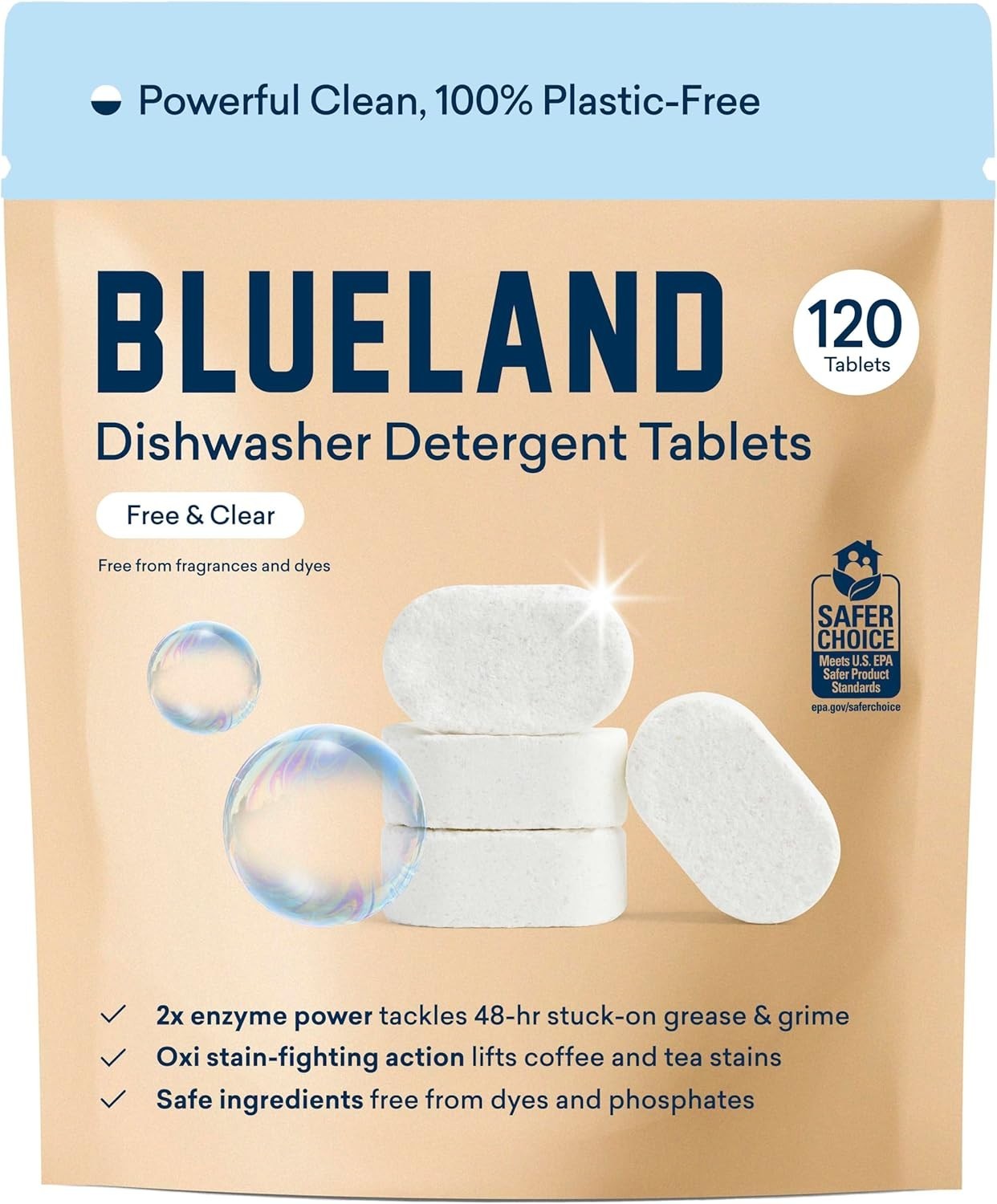 BLUELAND 100% Plastic-Free Dishwasher Detergent Tablets, 120 Count, Free & Clear