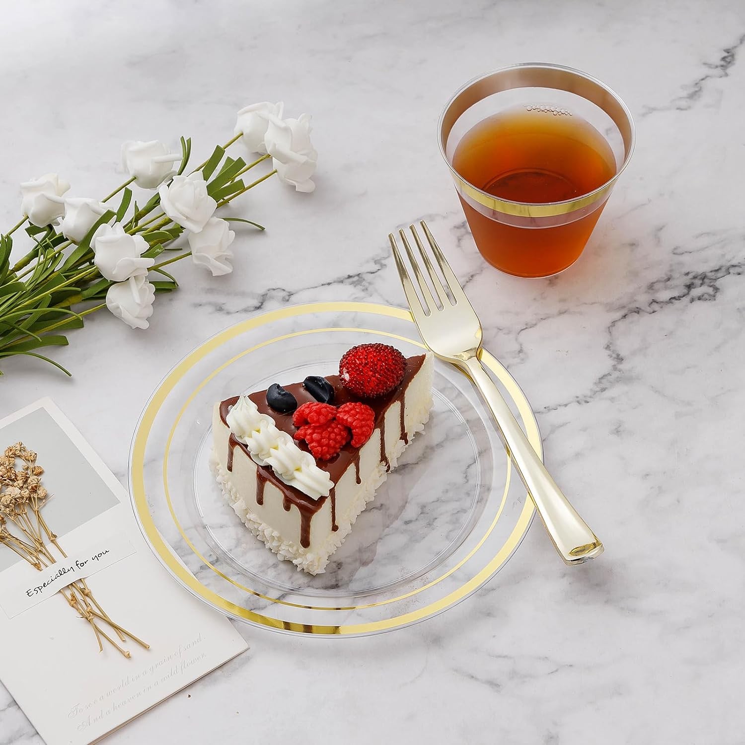 BESTVIP 600PCS Clear Gold Plastic Plate Set (100 Guests), Plastic Plates for P