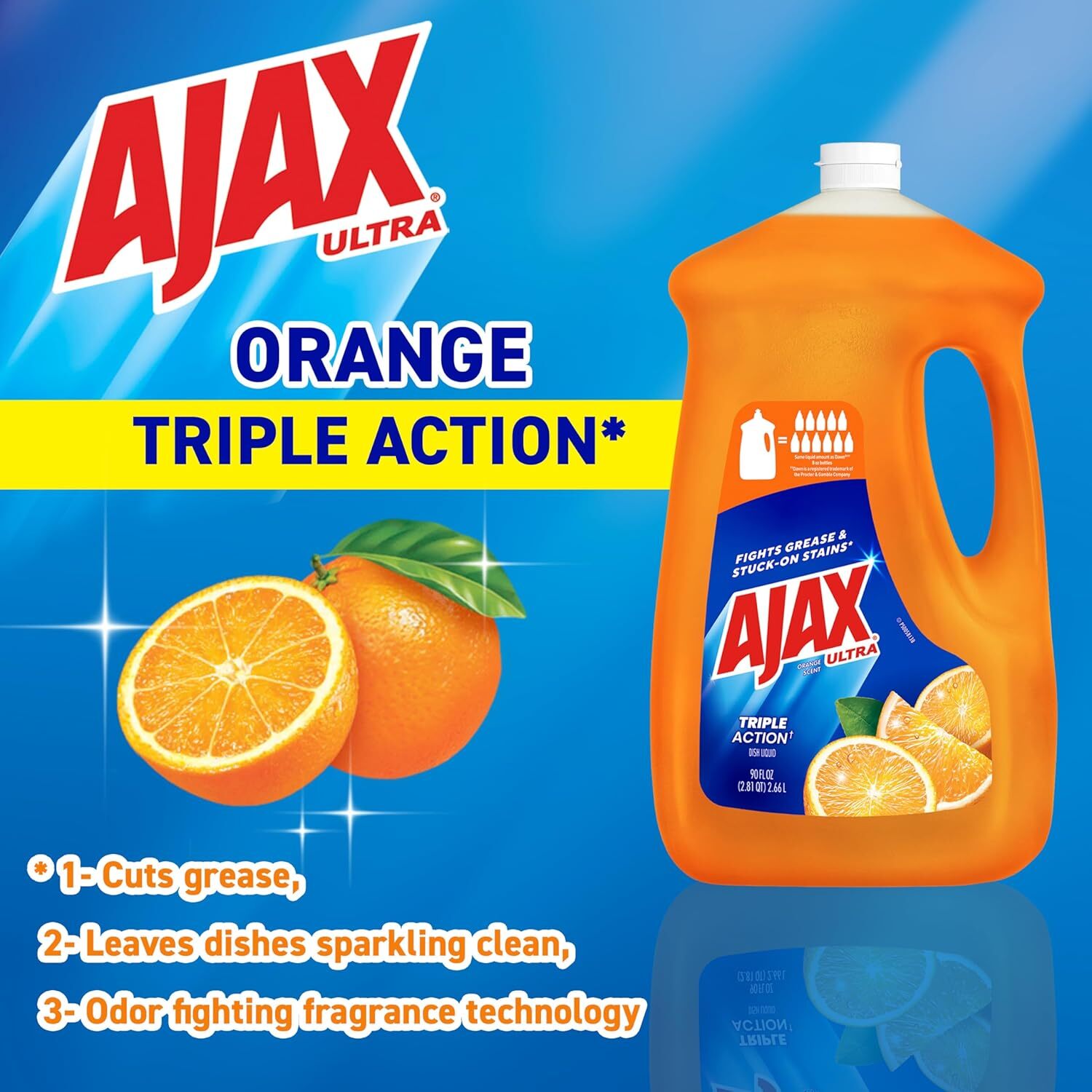 Ajax Ultra Triple Action, Dishwashing Liquid Dish Soap, Orange, 90 Fluid Ounce