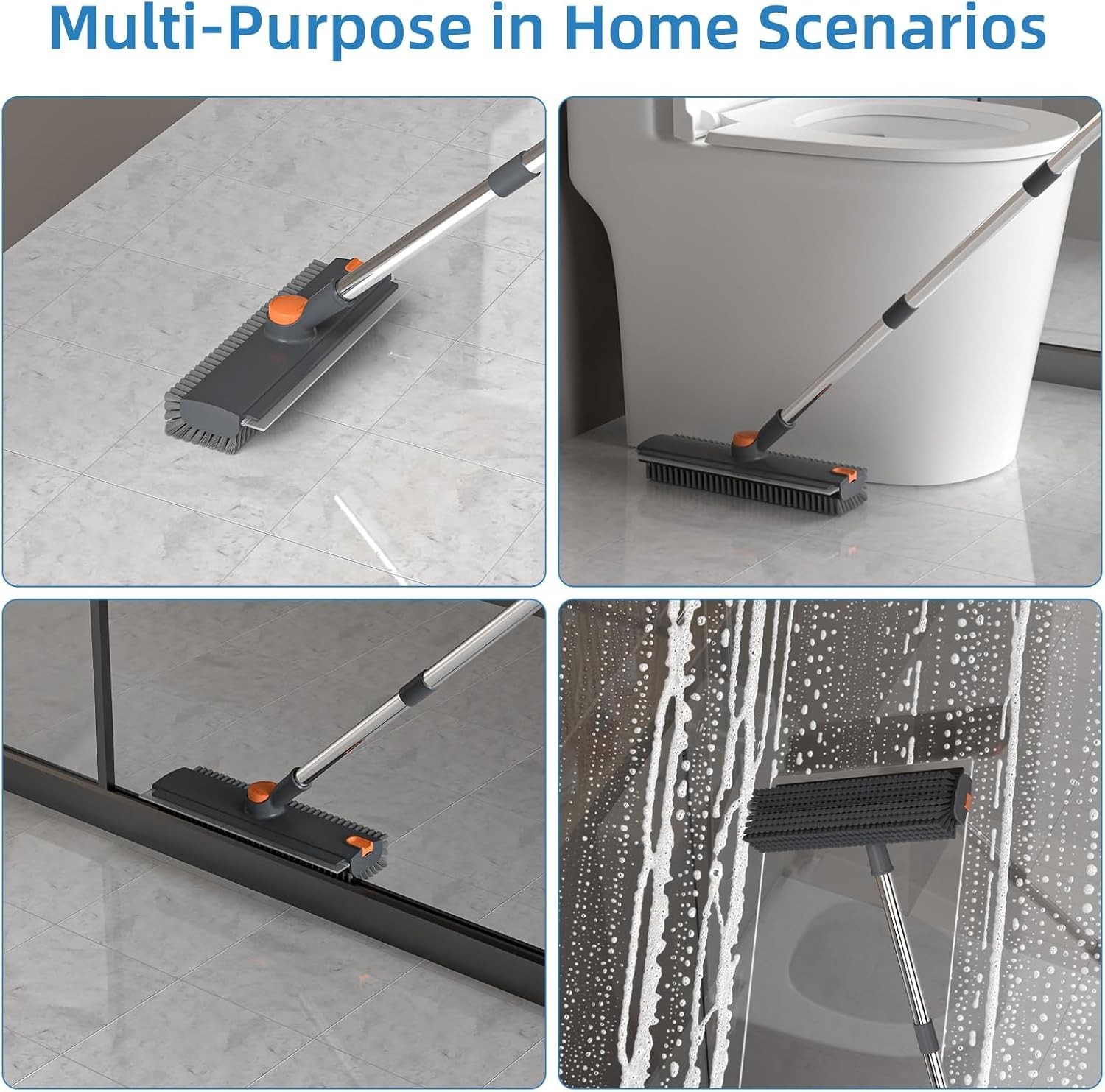 Floor Scrub Brush Squeegee Broom with Long Handle 3 in 1 Cleaning Tool