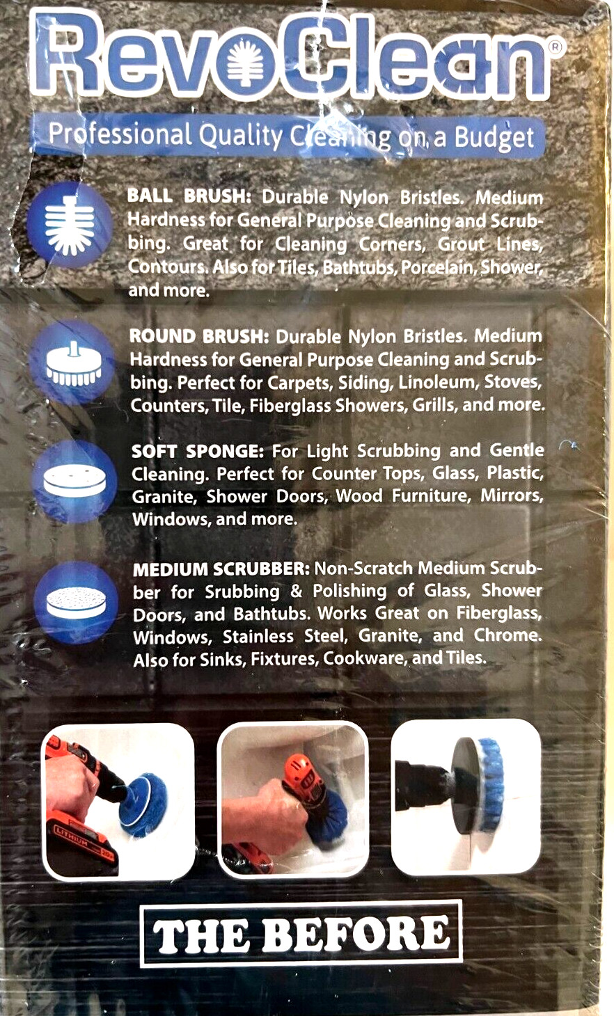 Revoclean 4 Piece Scrub Brush Power Drill Attachments-All Purpose Time Saving