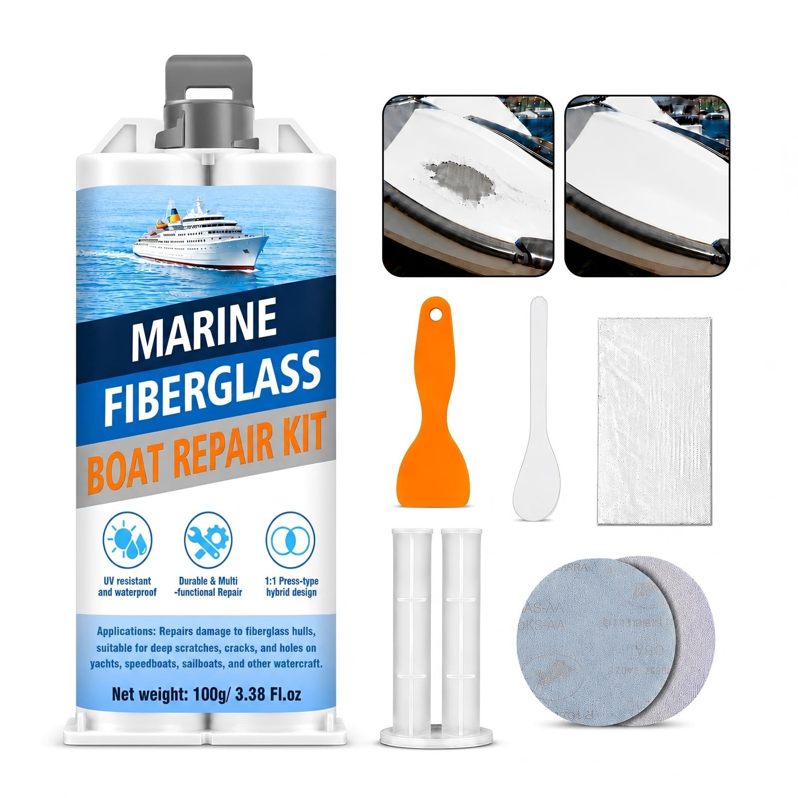 Marine Fiberglass Repair Kit for Boats, Gel Coat Repair Kit with Waterproof E…