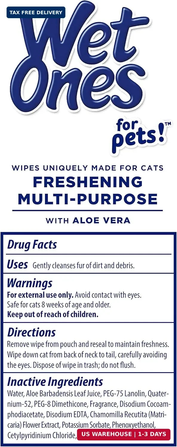 Wet Ones for Cats Freshening Wipes, Multi-Purpose Cat Grooming Wipes with Aloe V