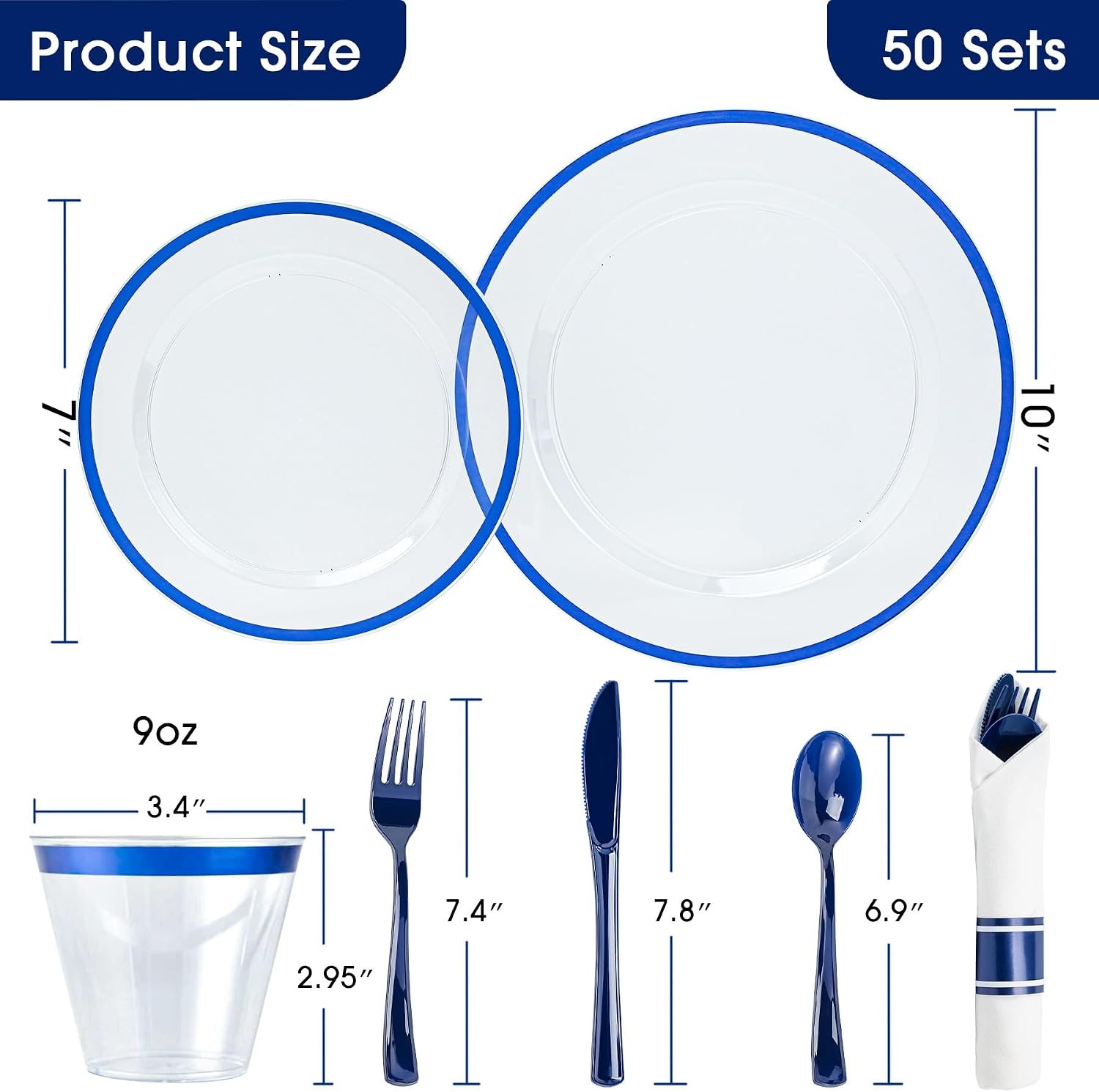 350 PCS Dark Blue Plastic Dinnerware Set for Party, Clear Disposable Plates fo
