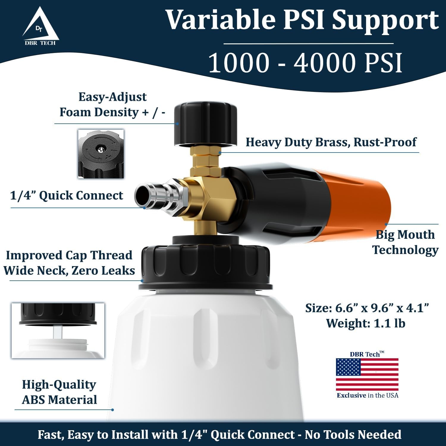 Foam Cannon for Pressure Washer, 1.1mm Orifice, 1000-4000 PSI, 1/4 Inch-Orange