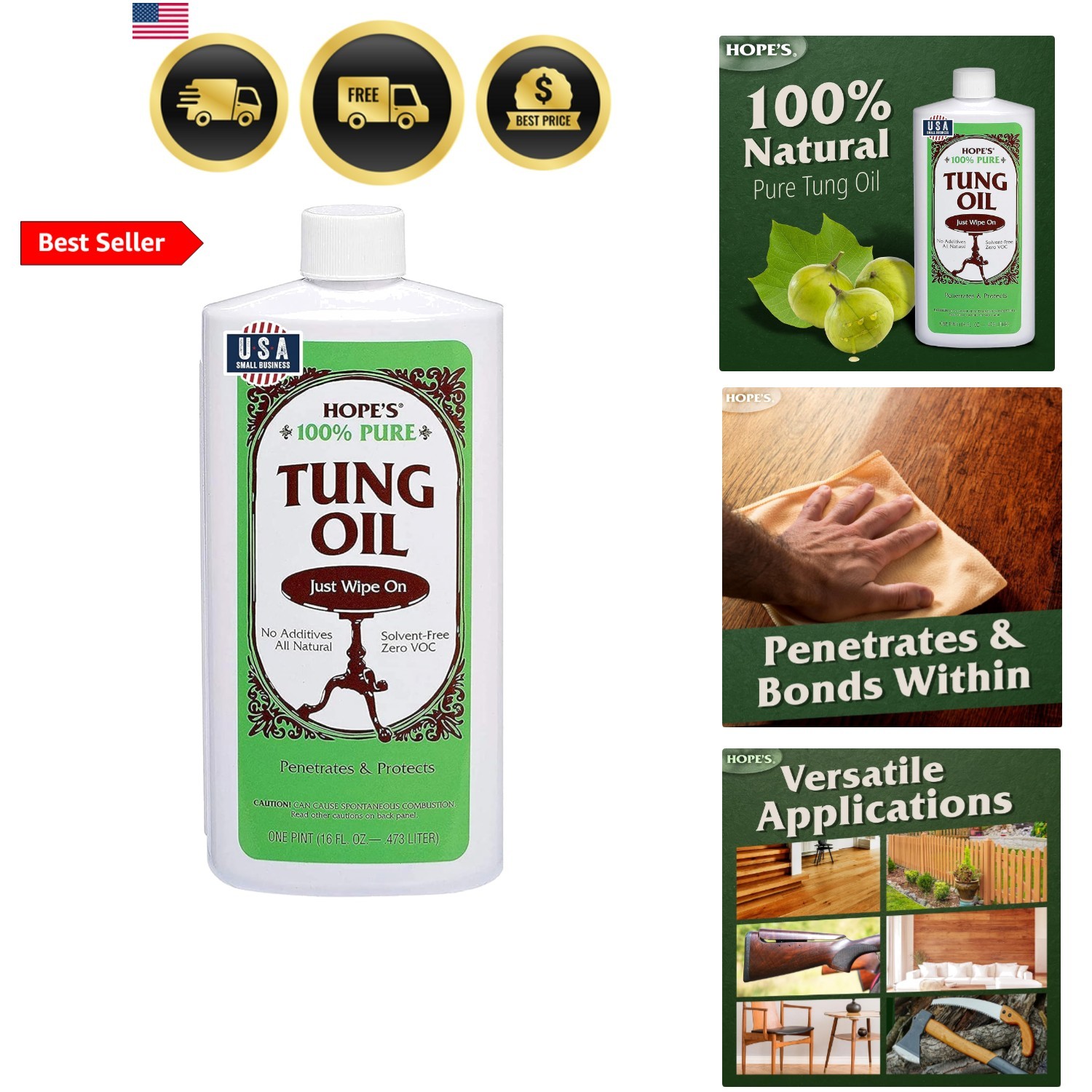 100% Pure Tung Oil, Food Safe, Waterproof Natural Wood Finish and Sealer for…