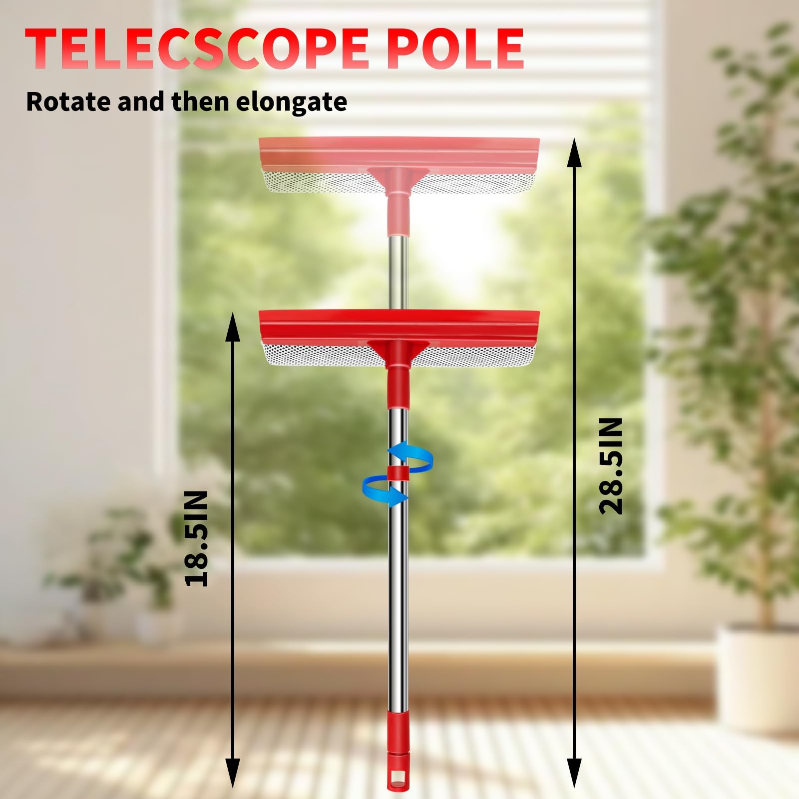 Window Squeegee Cleaner Retractable Handle 2 in 1 Sponge Rubber Blade Red