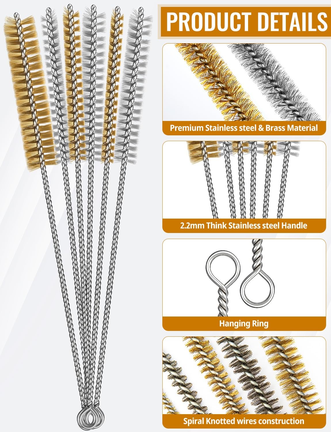 7pcs Brass Wire Brushes Set, 12 inch Pipe Cleaner Brush