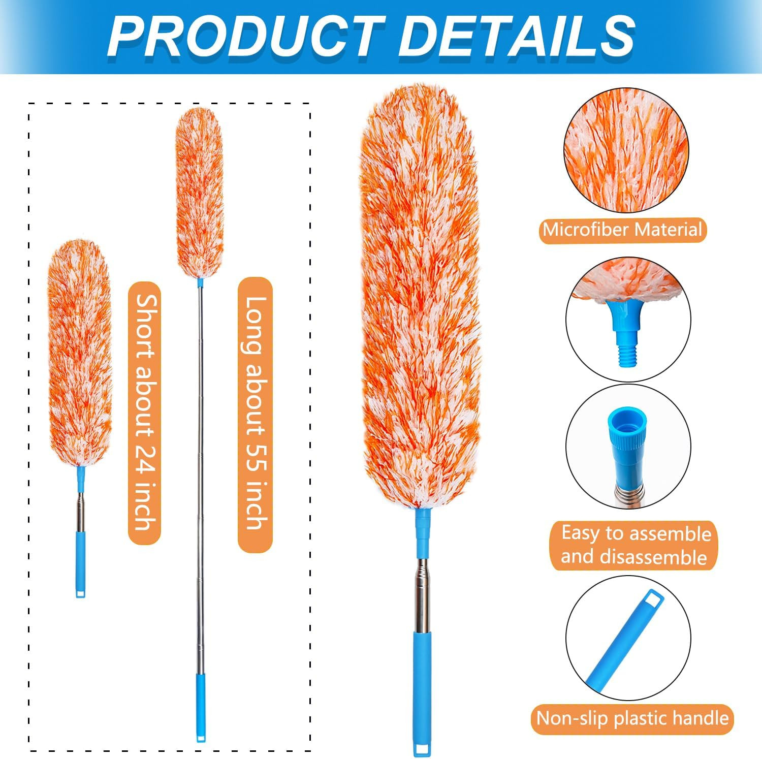 4 Pack Microfiber Feather Dusters, up to 55 Inch Extension Pole, Cobweb
