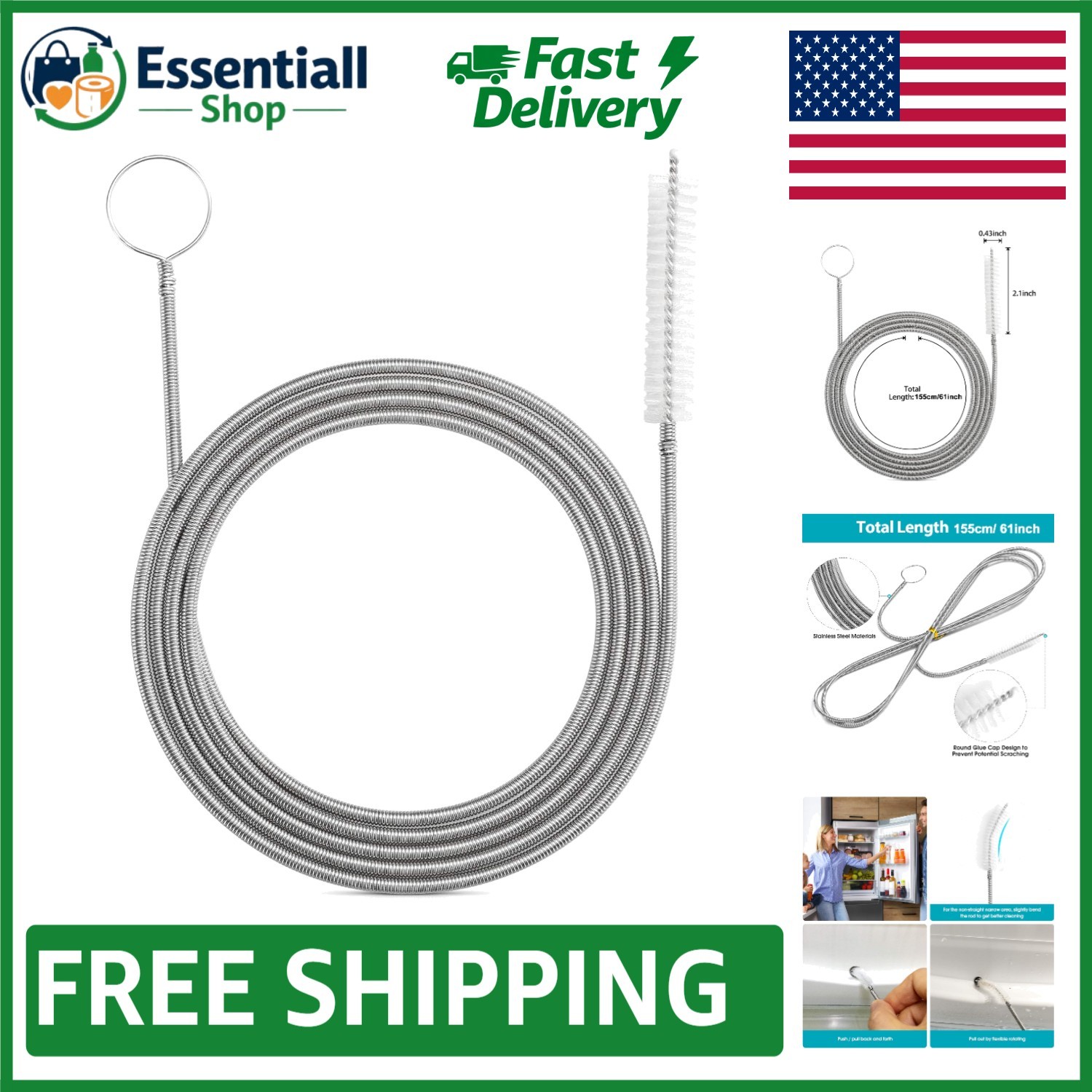 Flexible 61-Inch Drain Brush with Stainless Steel Handle for Efficient Cleaning