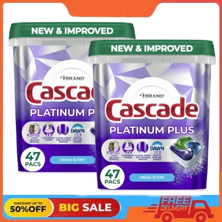 2 Pack Cascade Platinum Plus Dishwasher Pods, Detergent Tabs, Fresh, 47 Ct