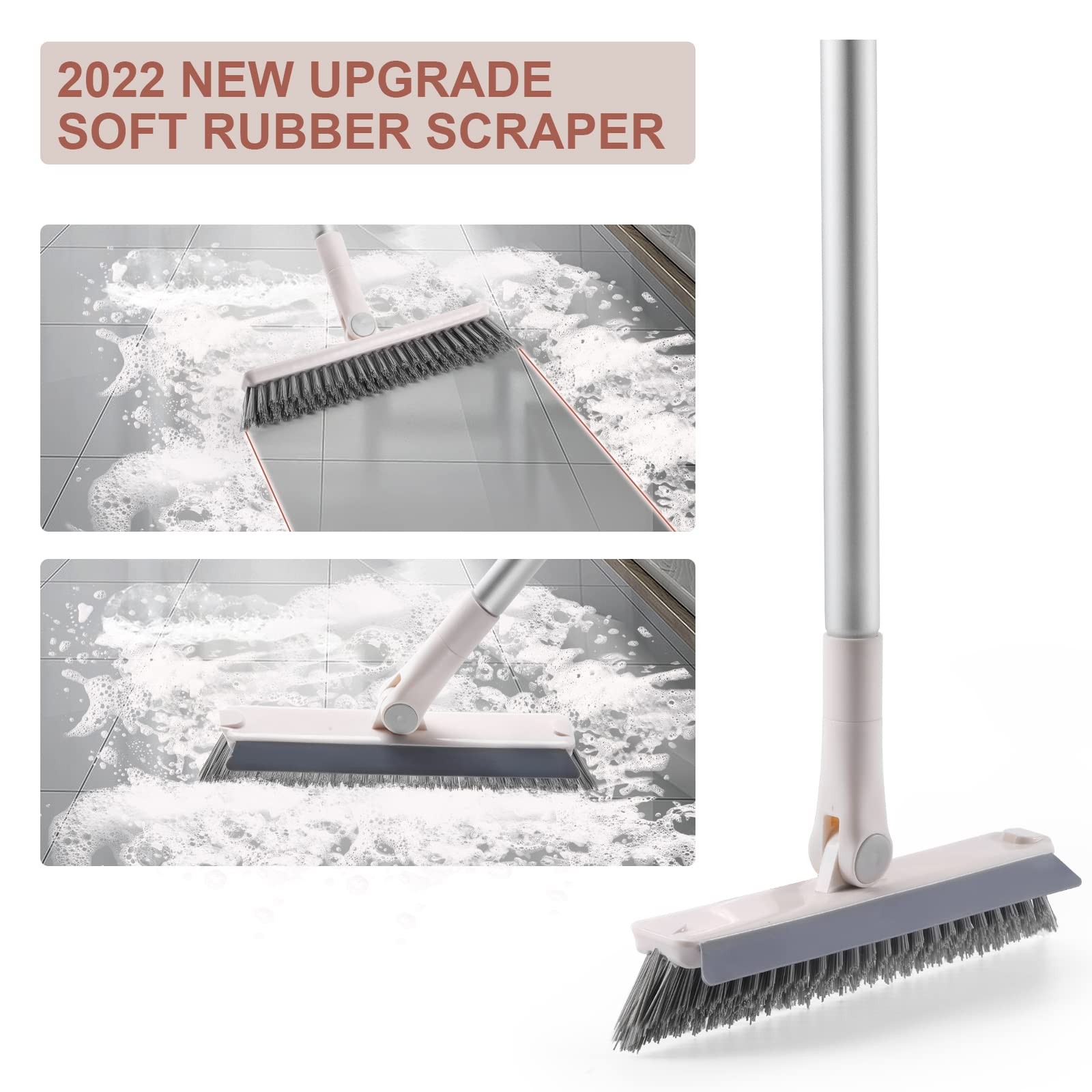 Grout Brush with Long Handle, 2 in 1 Floor Scrub Brush with Squeegee, Shower …