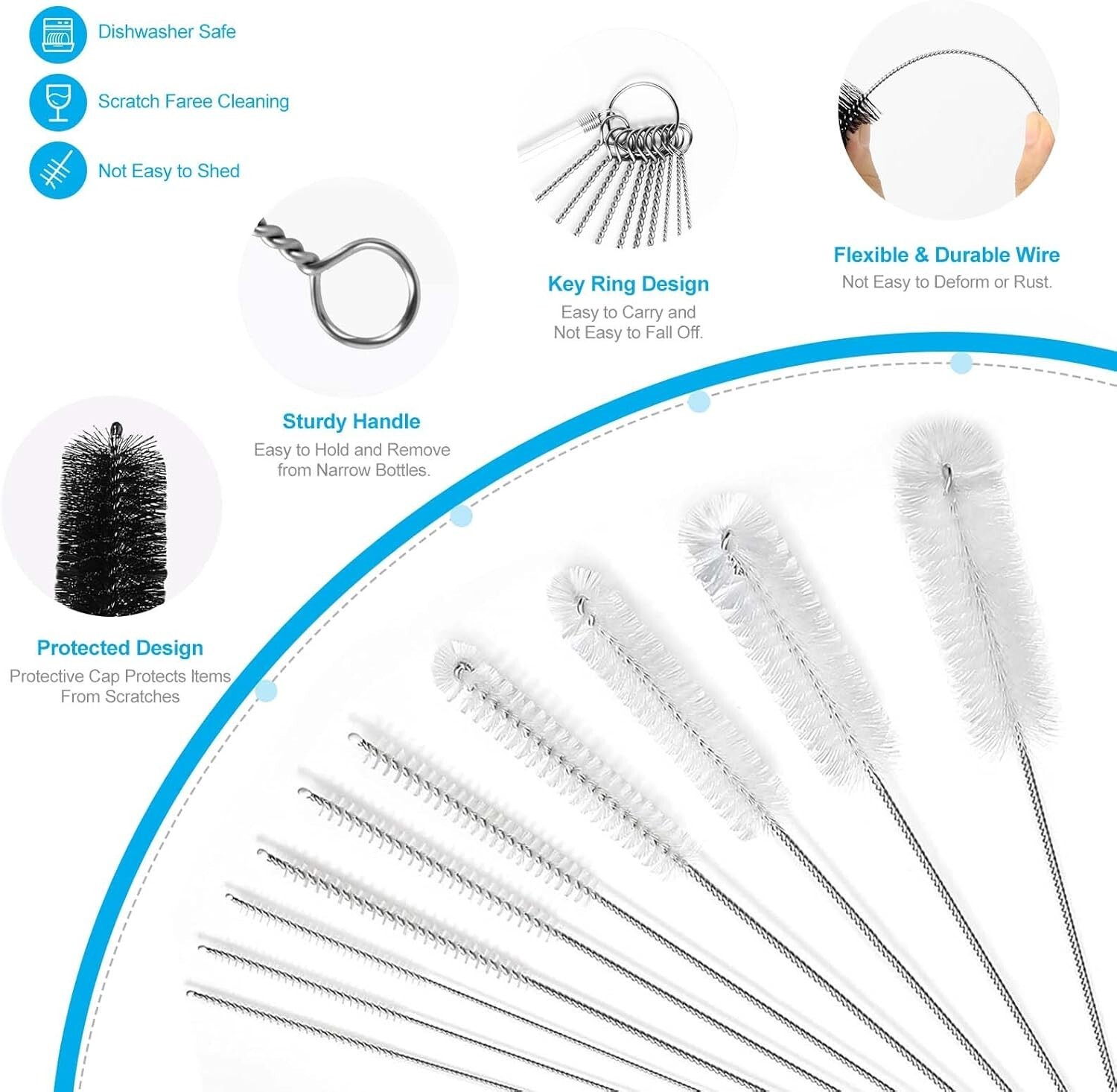 10Pcs Nylon Straw Brush Cleaner Bottle Tube Pipe Small Long Cleaning Set 8inch