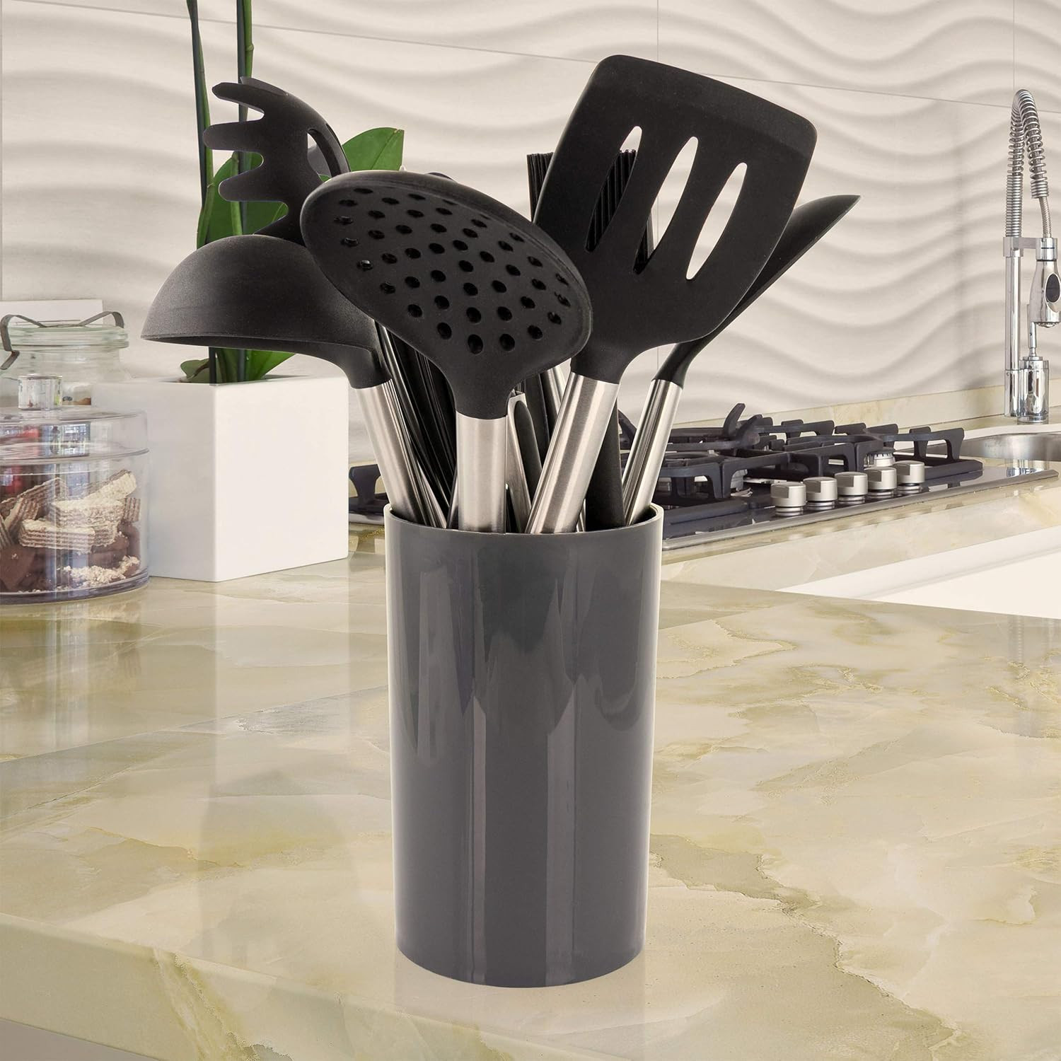 Tool Black Utensil Set, 14 Piece, Gray and Stainless Steel