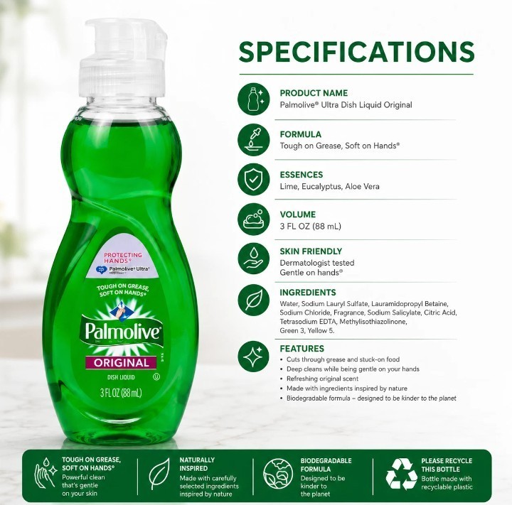 2 PACK Palmolive Original Dish Soap 3 oz Travel Size Liquid Dish Detergent Green