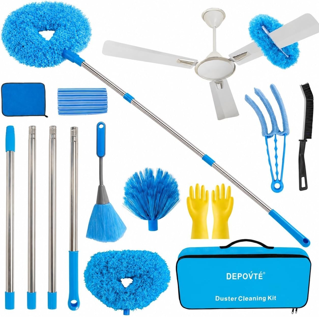 72 Inch Ceiling Fan Cleaner Duster Kit 8in1 Microfiber Extension Pole Set