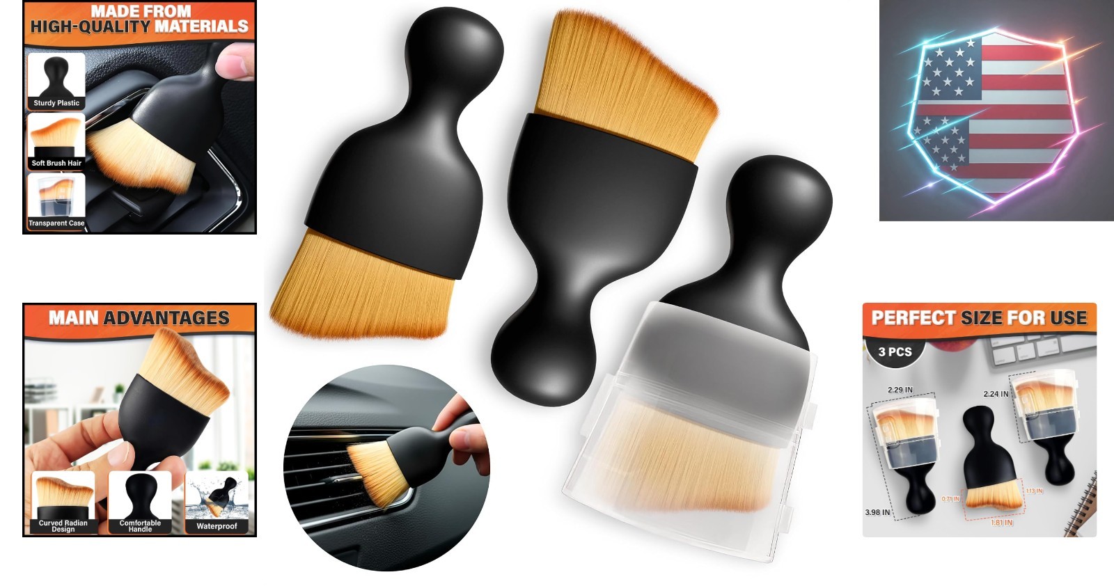 3Pcs Auto Detailing Brushes Set – 2.29″ x 3.98″ Interior with Curved Soft Nyl…