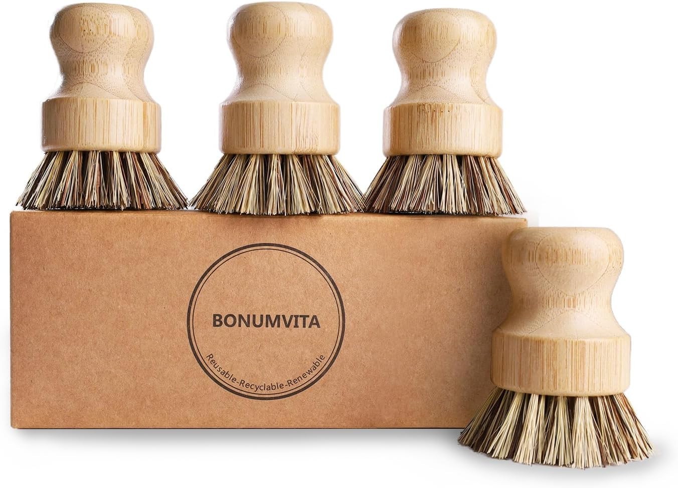 Bamboo Dish Brush Set,4 Pack Kitchen Palm Pot Brush with Union Fiber, Natural