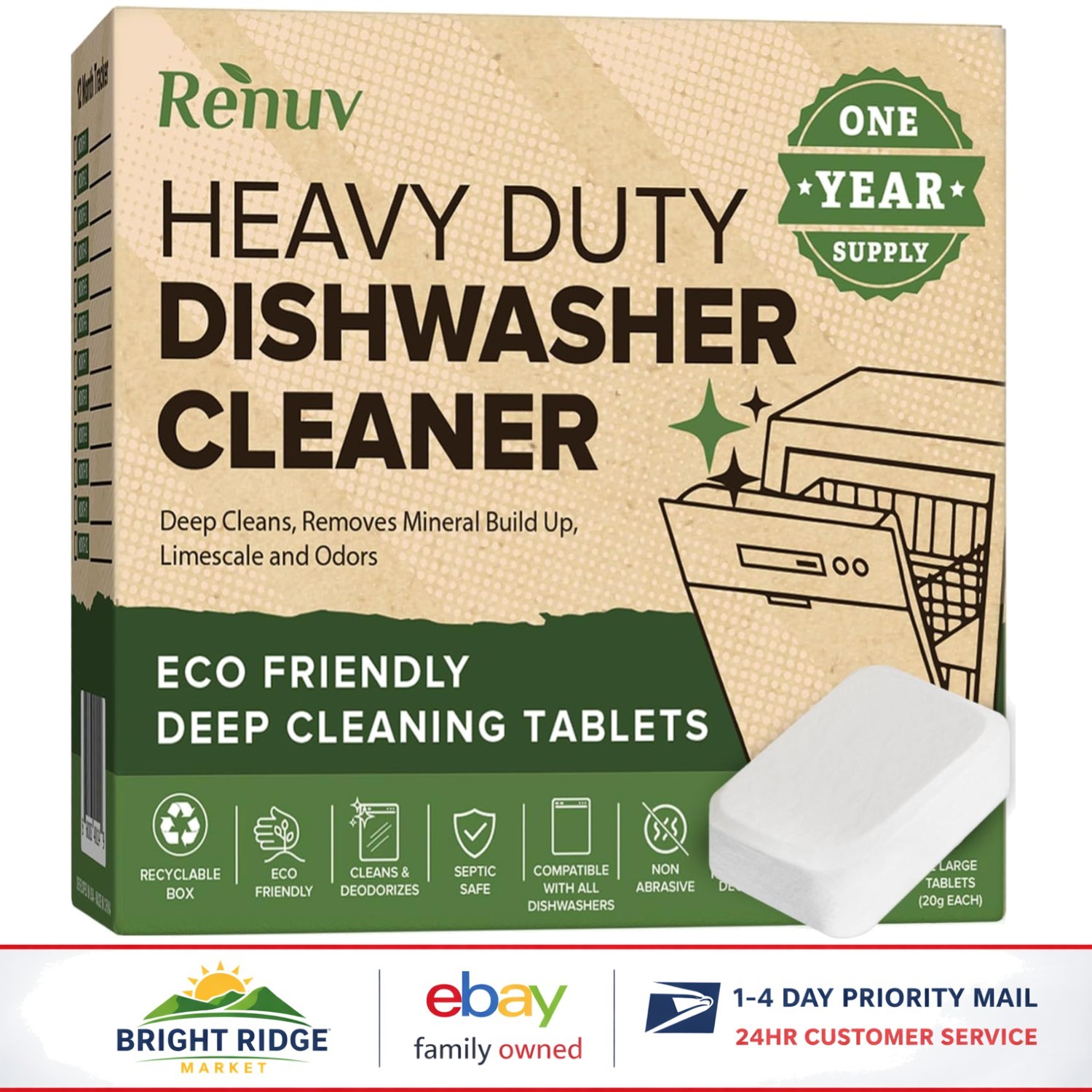 Odor Eliminating Dishwasher Tablets, Biodegradable and Bleach Free Formula