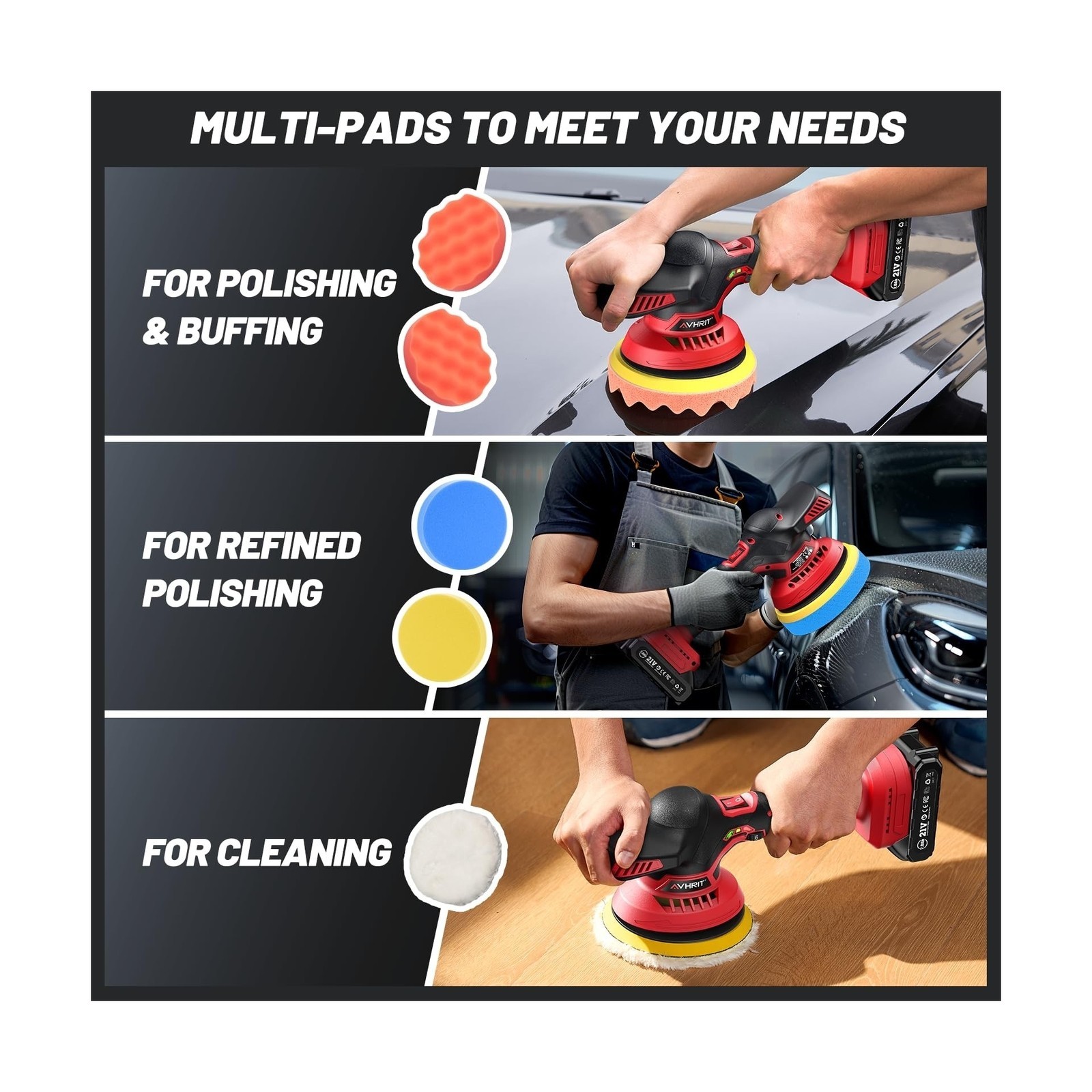 Cordless Car Buffer Polisher, 21V, 6 Speeds, with 10 Attachments, 2 Batteries