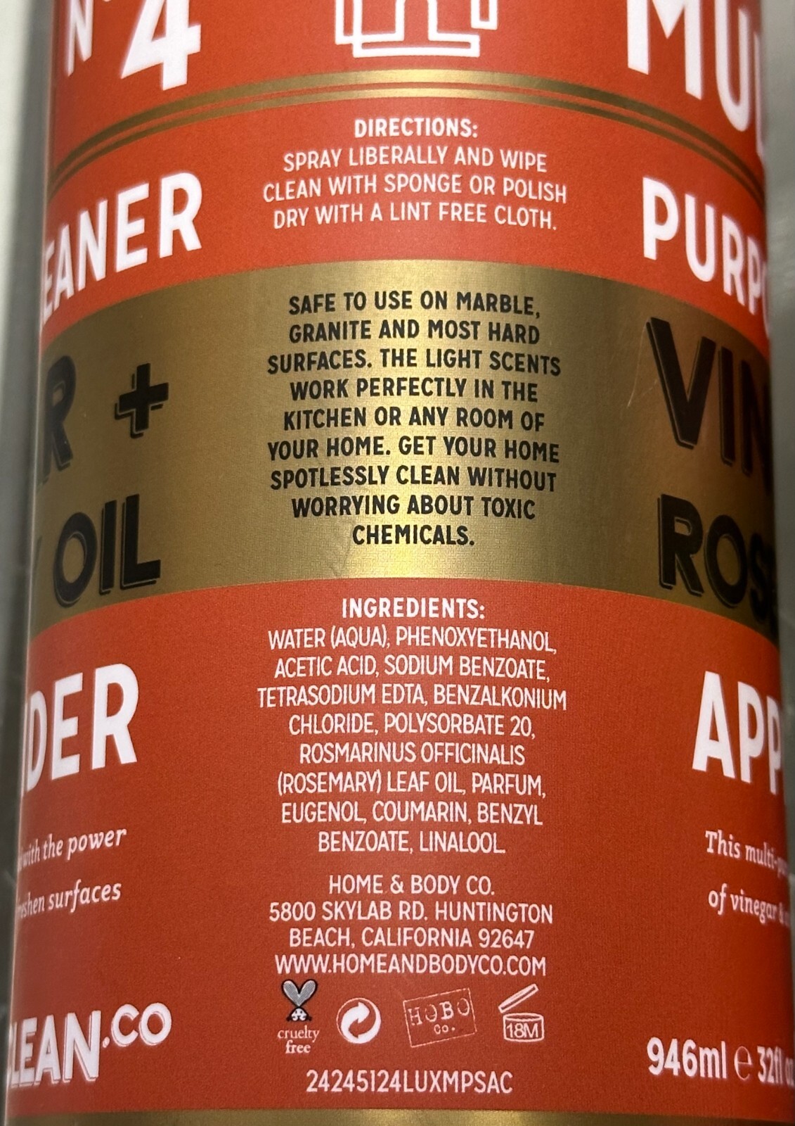 LUX CLEAN ~ VINEGAR + ROSEMARY OIL Kitchen Refresher Cleaner APPLE CIDER 946ml