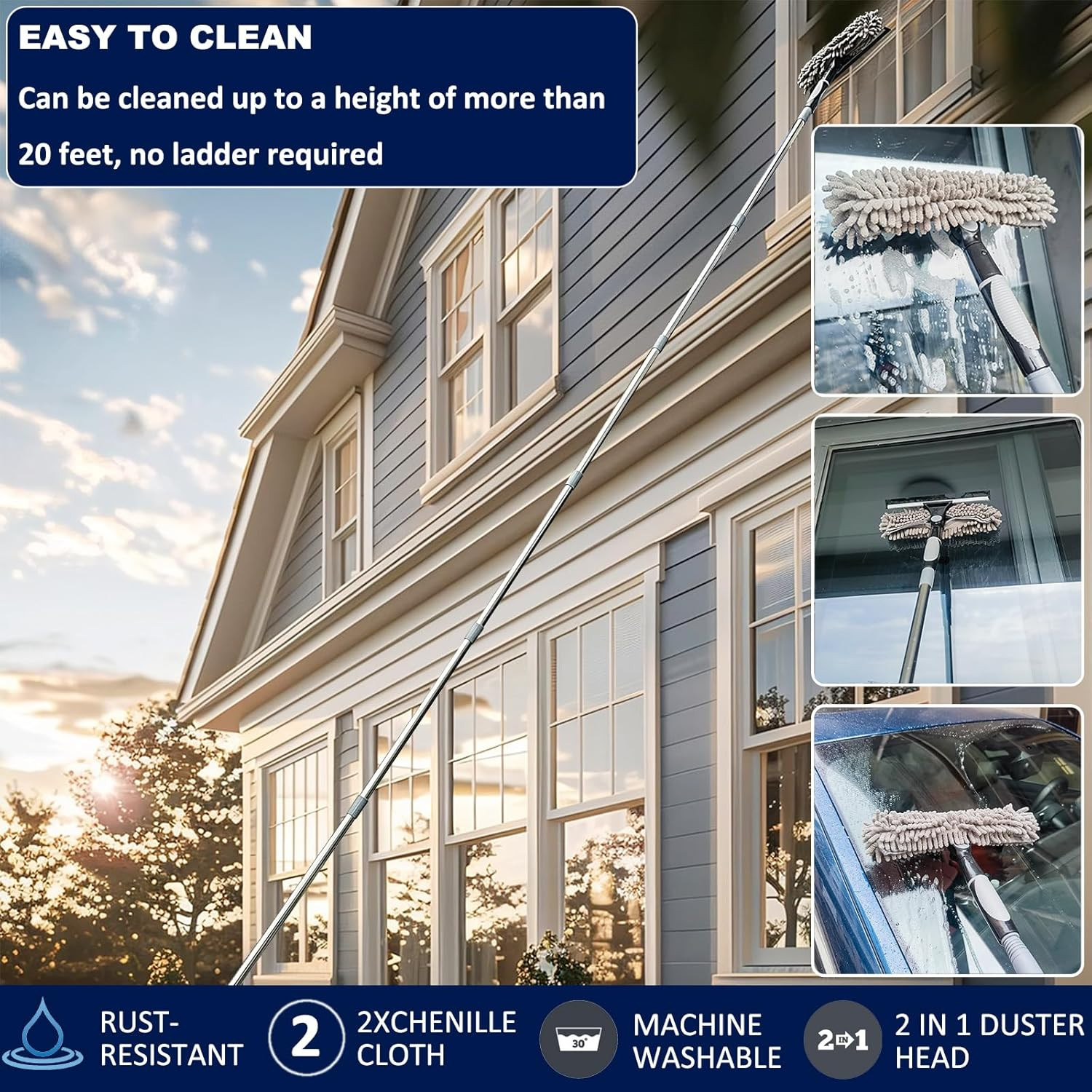 4 Pack 20+ Feet High Reach Dusting Kit with 3-14 Ft Spliceable Pole //2 in 1 Win