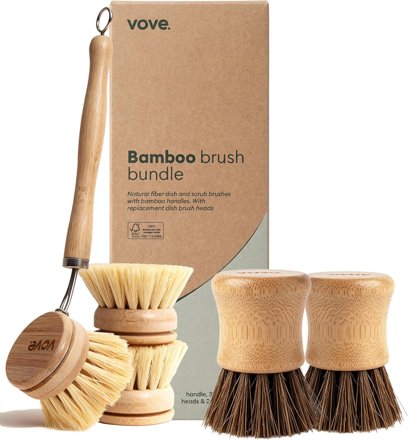 Plastic-Free Dish Brush Bundle, Bamboo Dish Brush and Scrub Brush with 3 Replace