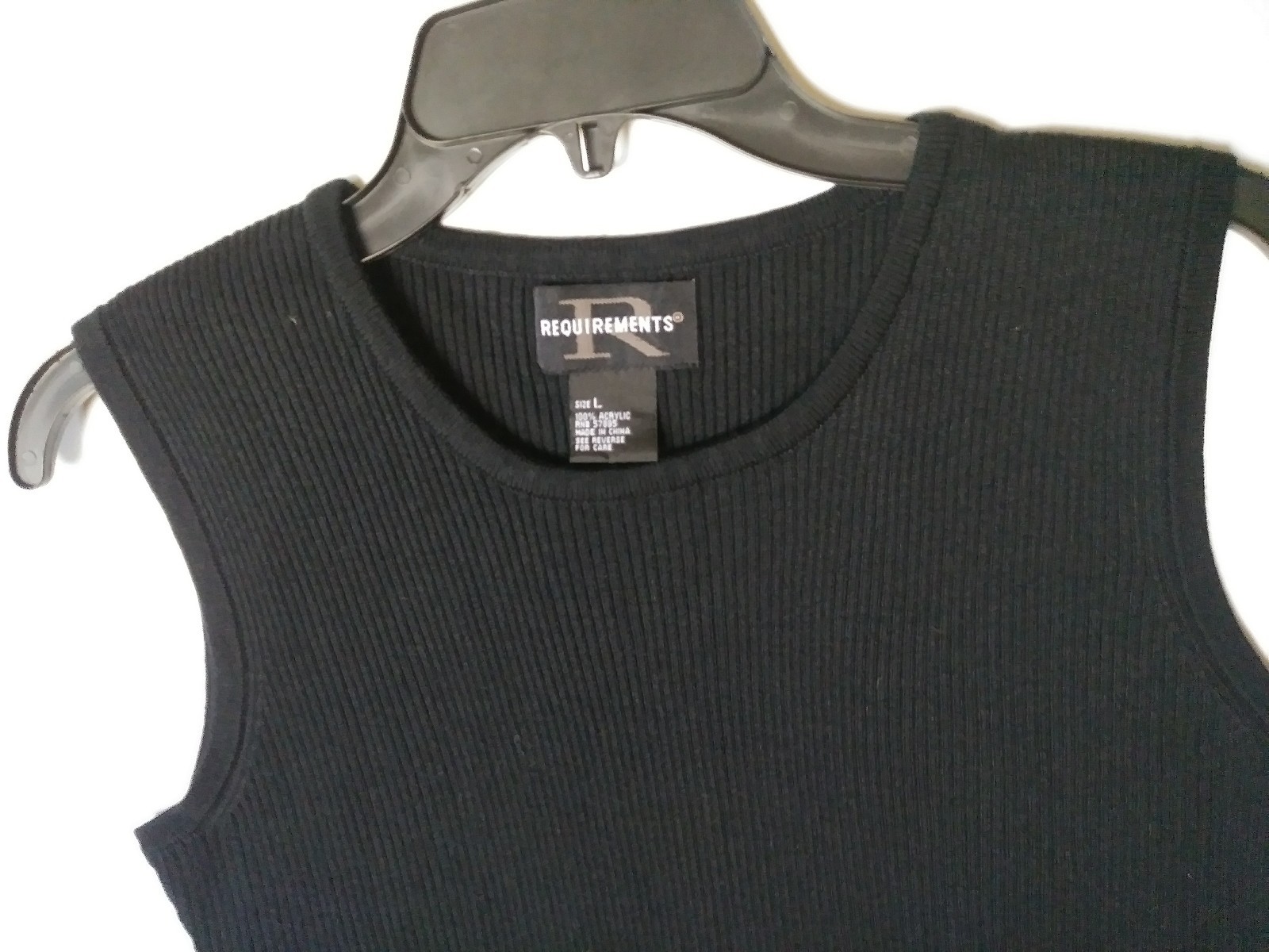 REQUIREMENTS KNIT TOP BLACK SIZE LARGE 100% ACRYLIC MACHINE WASH COLD DRY LOW NS