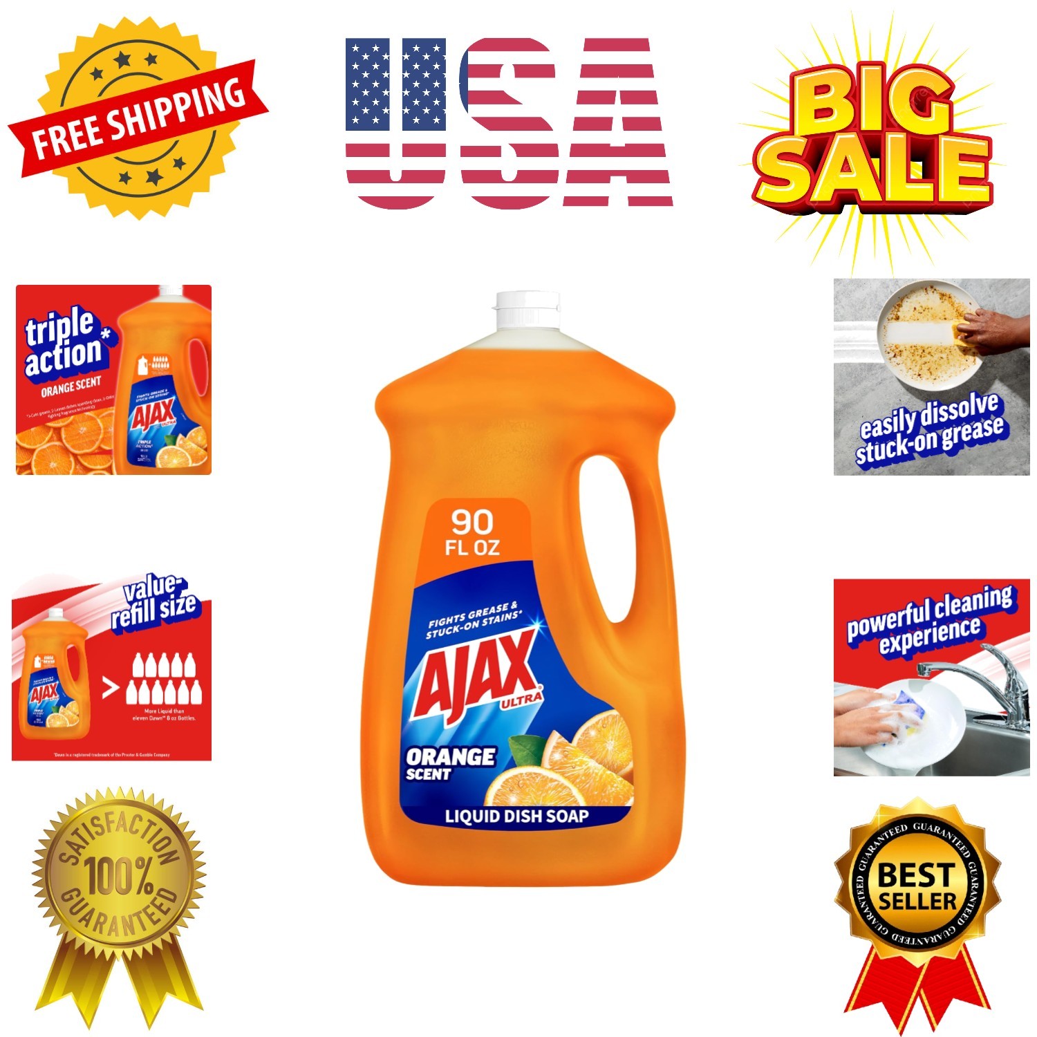 Ultra Liquid Dish Soap Orange Scent, Triple Action, 90 fl oz Bottle