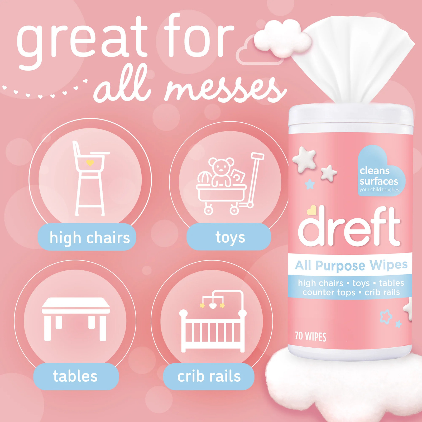 All Purpose Baby Cleaning Wipes, 70 Count, Safe on Baby Essentials, Surface