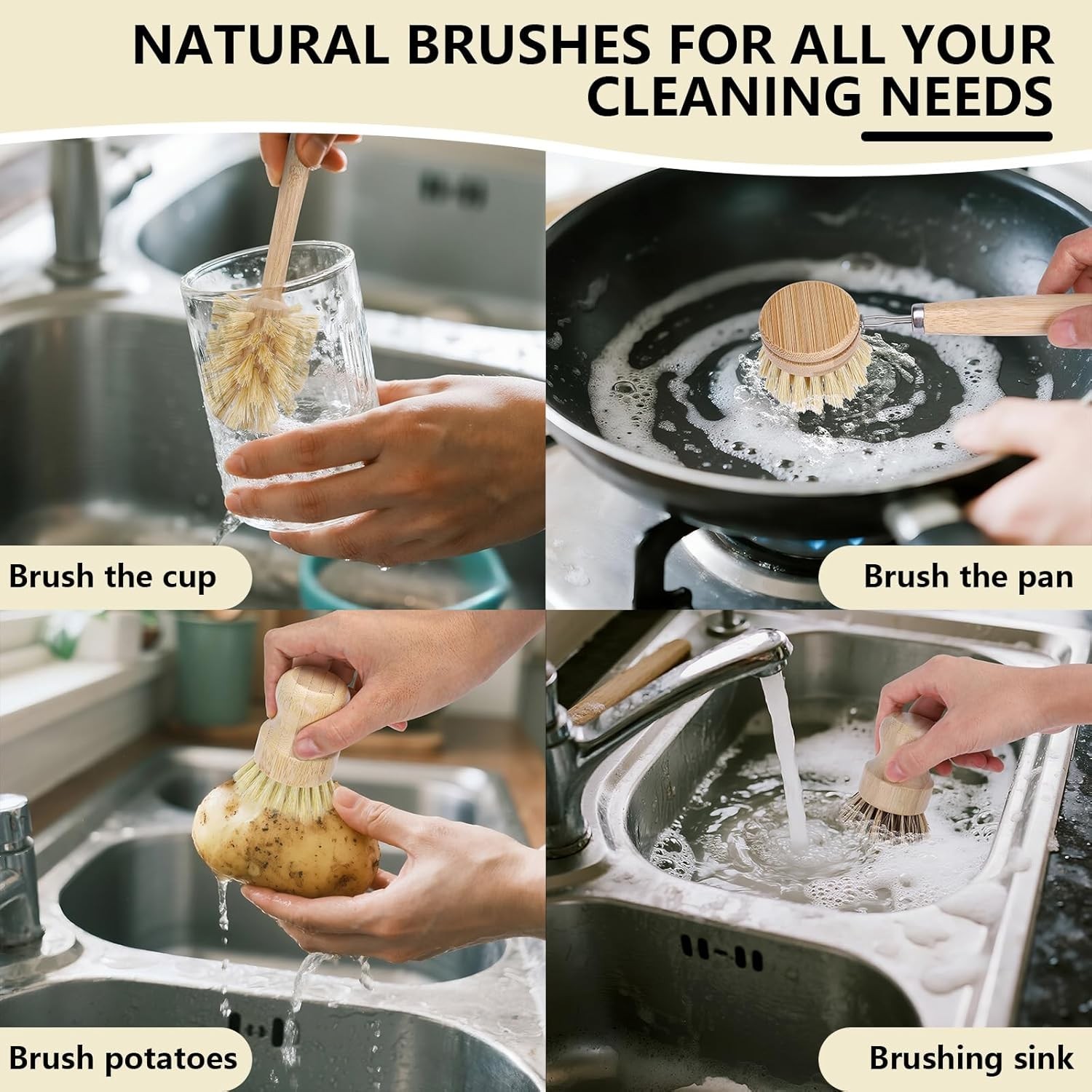 5 Pack Bamboo Dish Brush Set, Wooden Dish Brush with 14’’ Bottle Brush, Natural