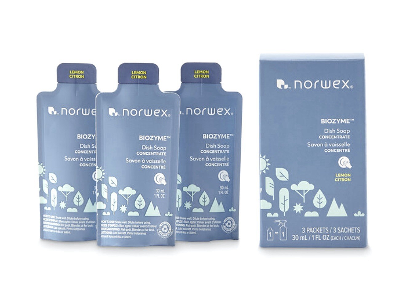 NEW Norwex BioZyme Dish Soap Concentrate 3x 1oz Packets 48oz diluted Lemon Scent