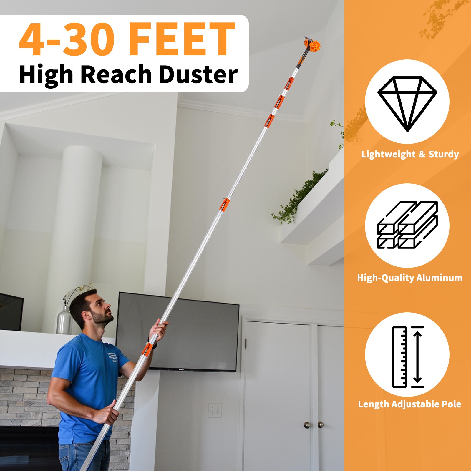 12/24/30ft High Reach Duster Kit with 4-12 ft Extension Telescopic Pole,Cleaning